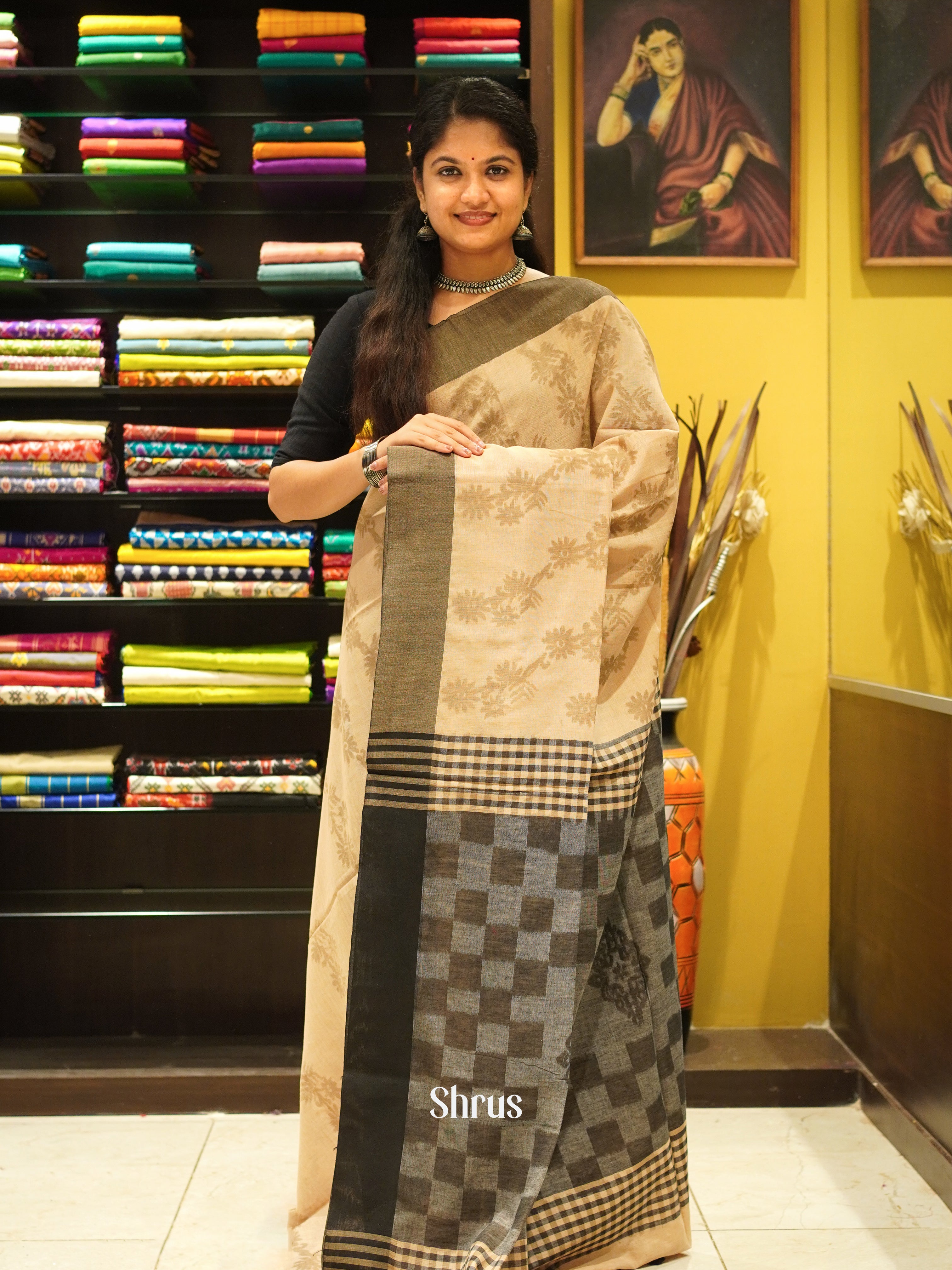 Beige & Grey - Semi Ikkat Saree - Shop on ShrusEternity.com