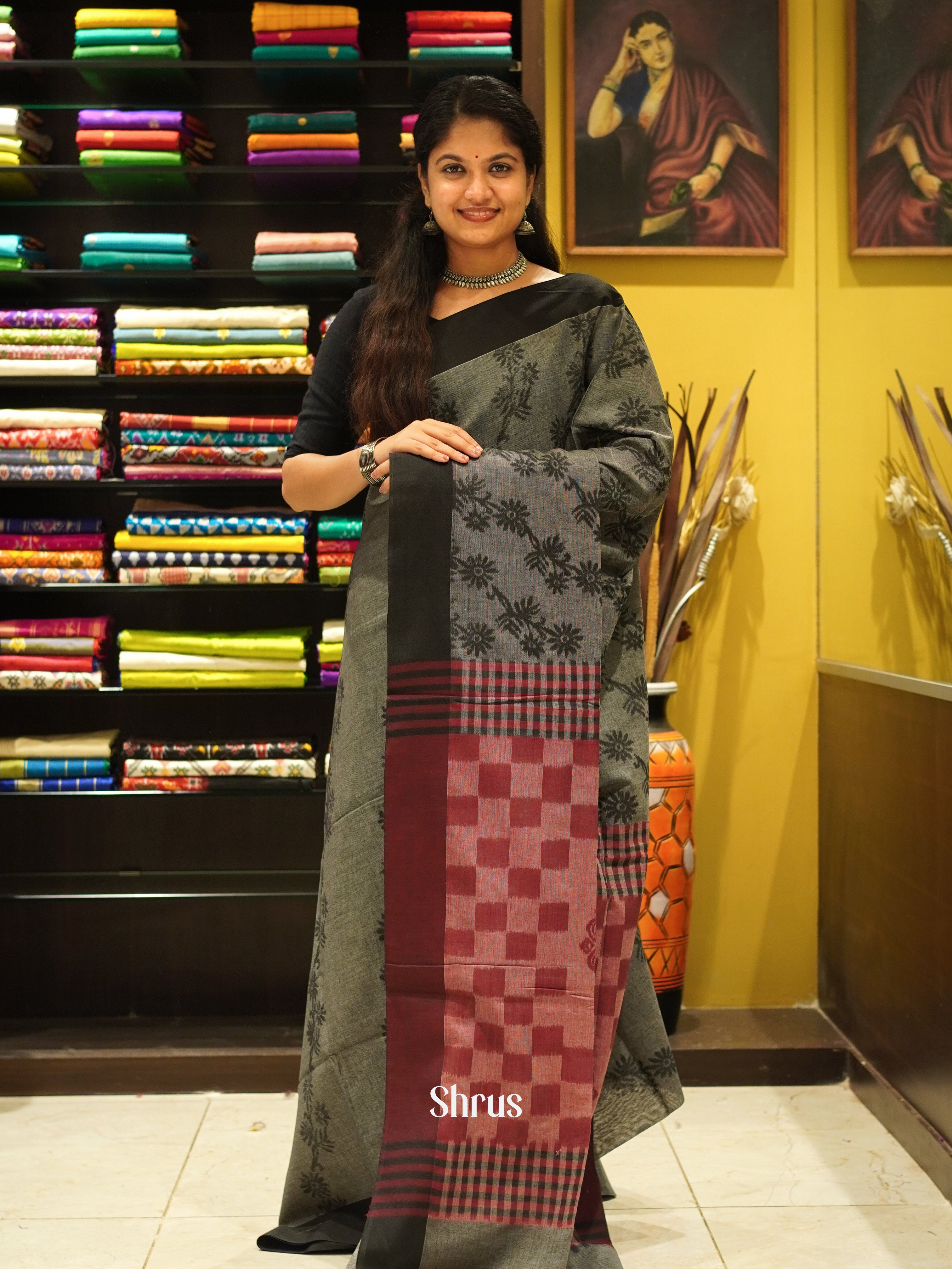 Grey & Black- Semi Ikkat Saree - Shop on ShrusEternity.com