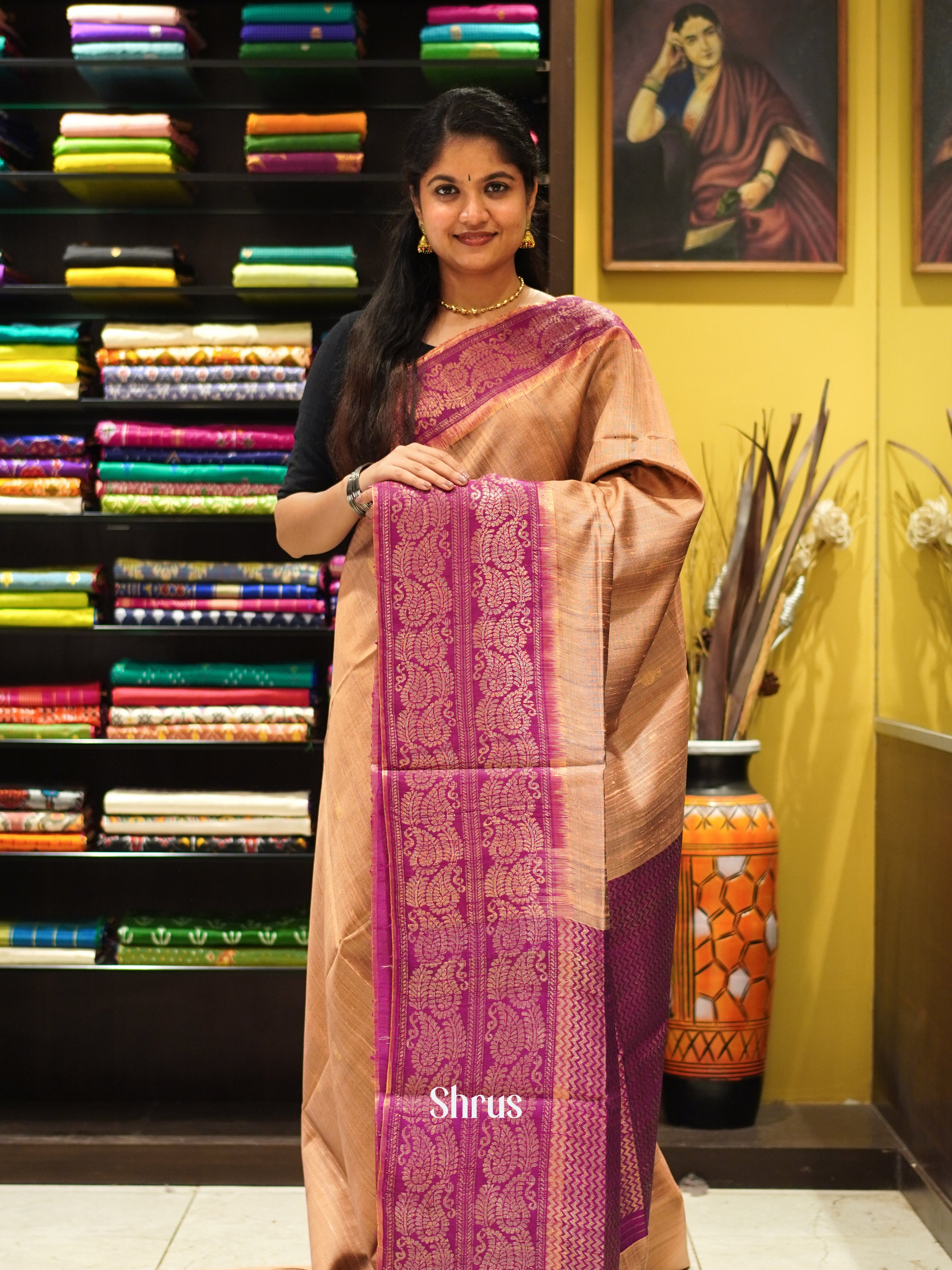Beige & Majenta - Raw Silk Saree - Shop on ShrusEternity.com