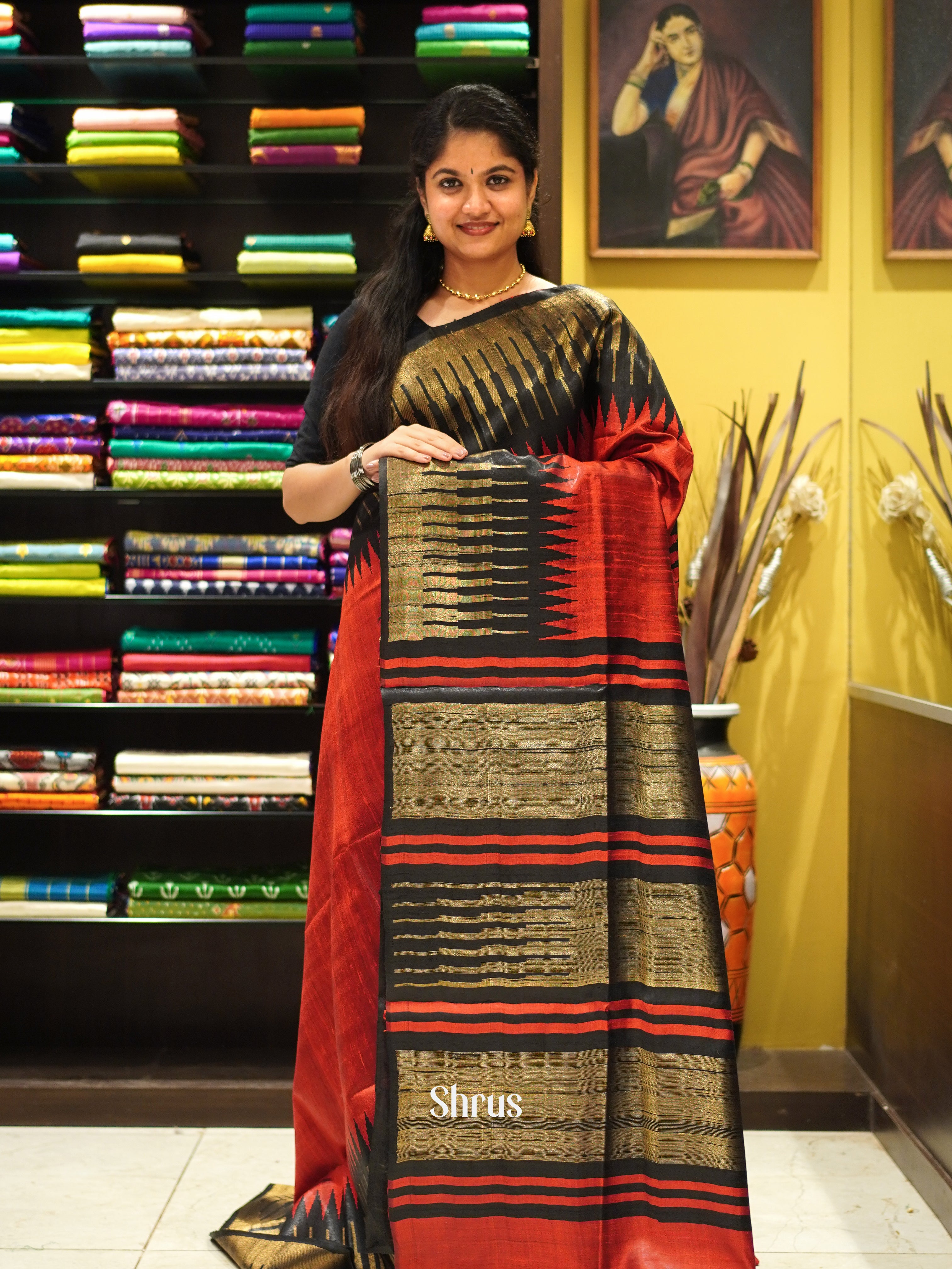 Red & Black - Raw Silk Saree - Shop on ShrusEternity.com