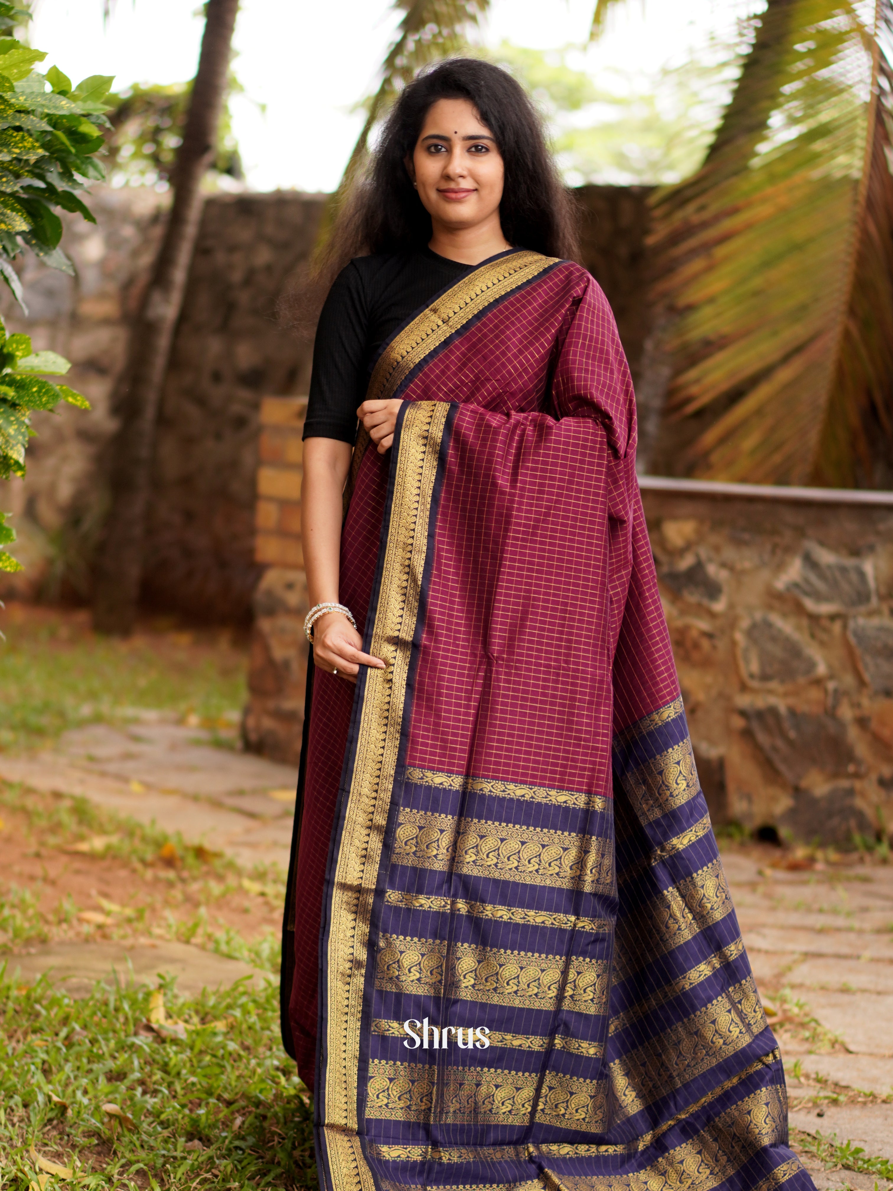 Maroon & Violet - Kalyani Cotton Saree - Shop on ShrusEternity.com