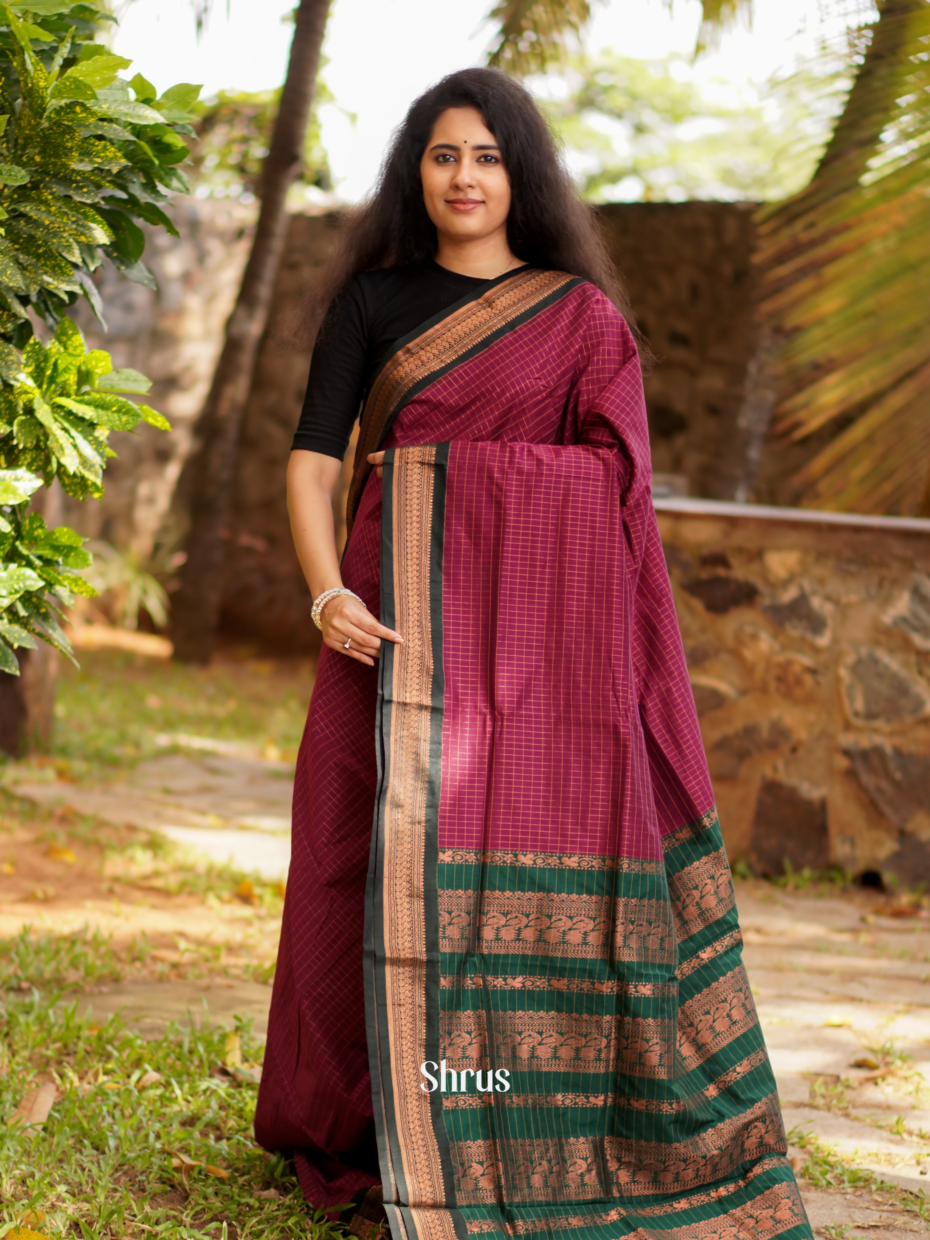 Maroon & Green - Kalyani Cotton Saree - Shop on ShrusEternity.com