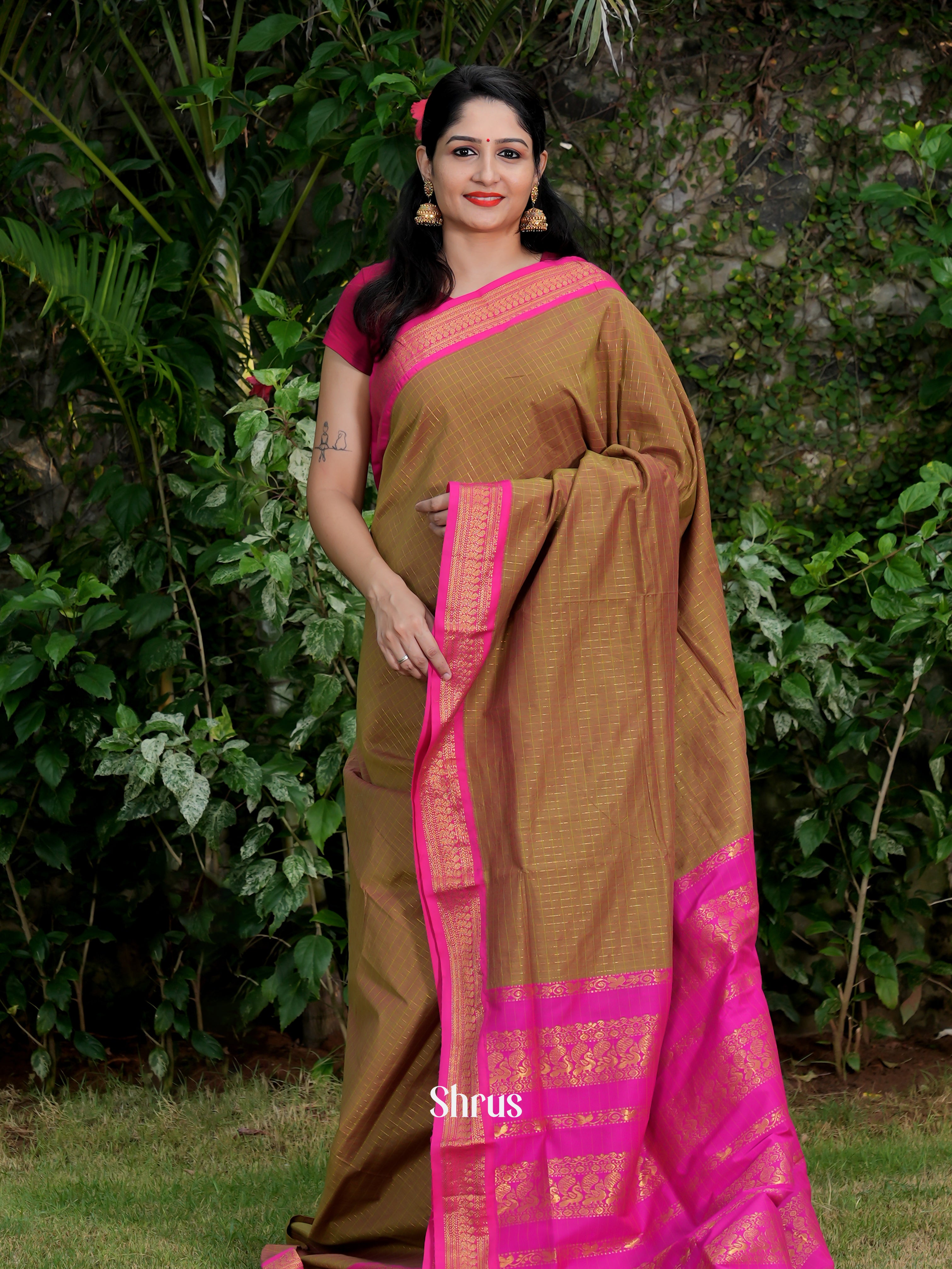 Mehandi Green & Pink - Kalyani Cotton Saree - Shop on ShrusEternity.com
