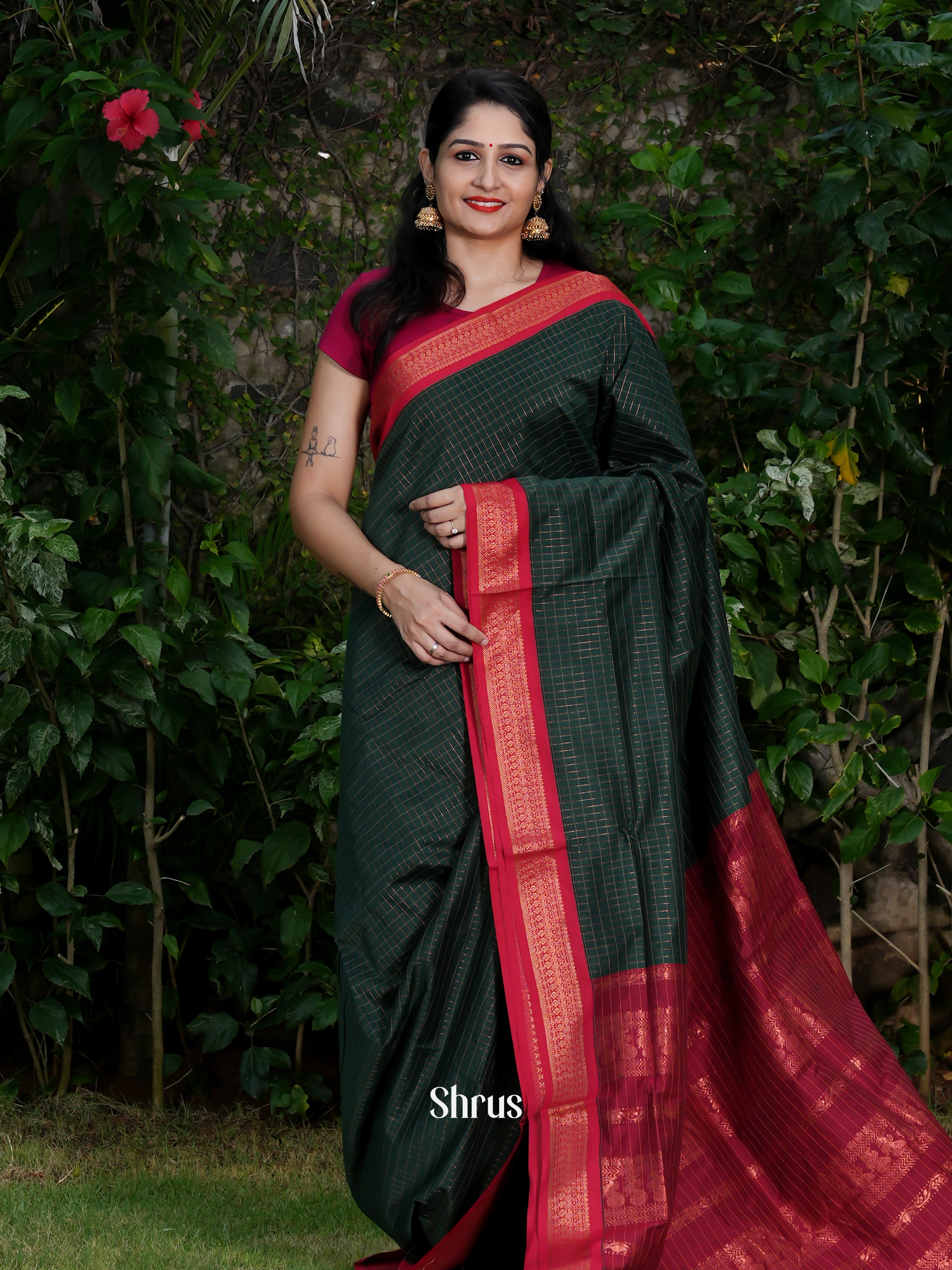 Green & Maroon - Kalyani Cotton Saree - Shop on ShrusEternity.com