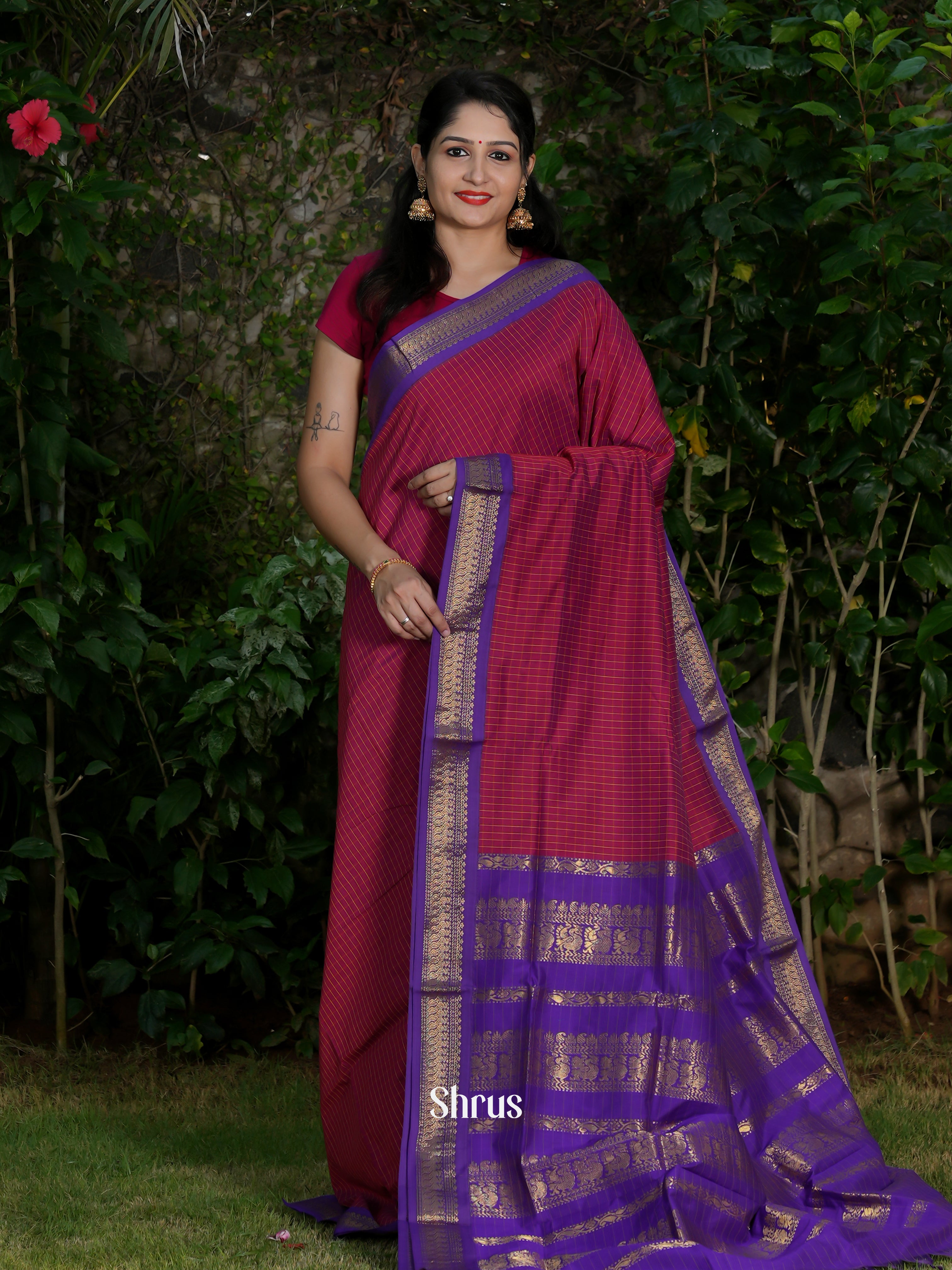Maroon & Purple - Kalyani Cotton Saree - Shop on ShrusEternity.com