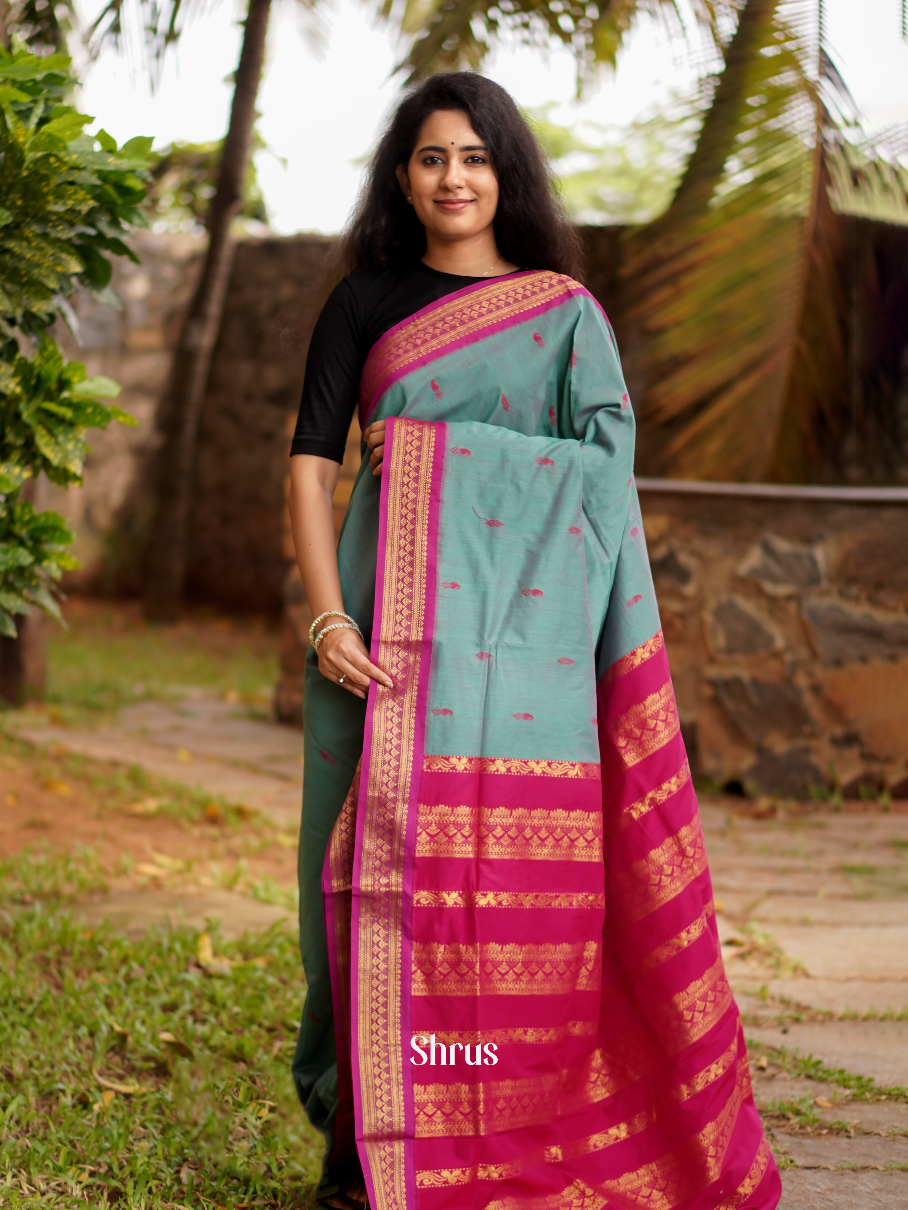 Blue & Pink - Kalyani Cotton Saree - Shop on ShrusEternity.com