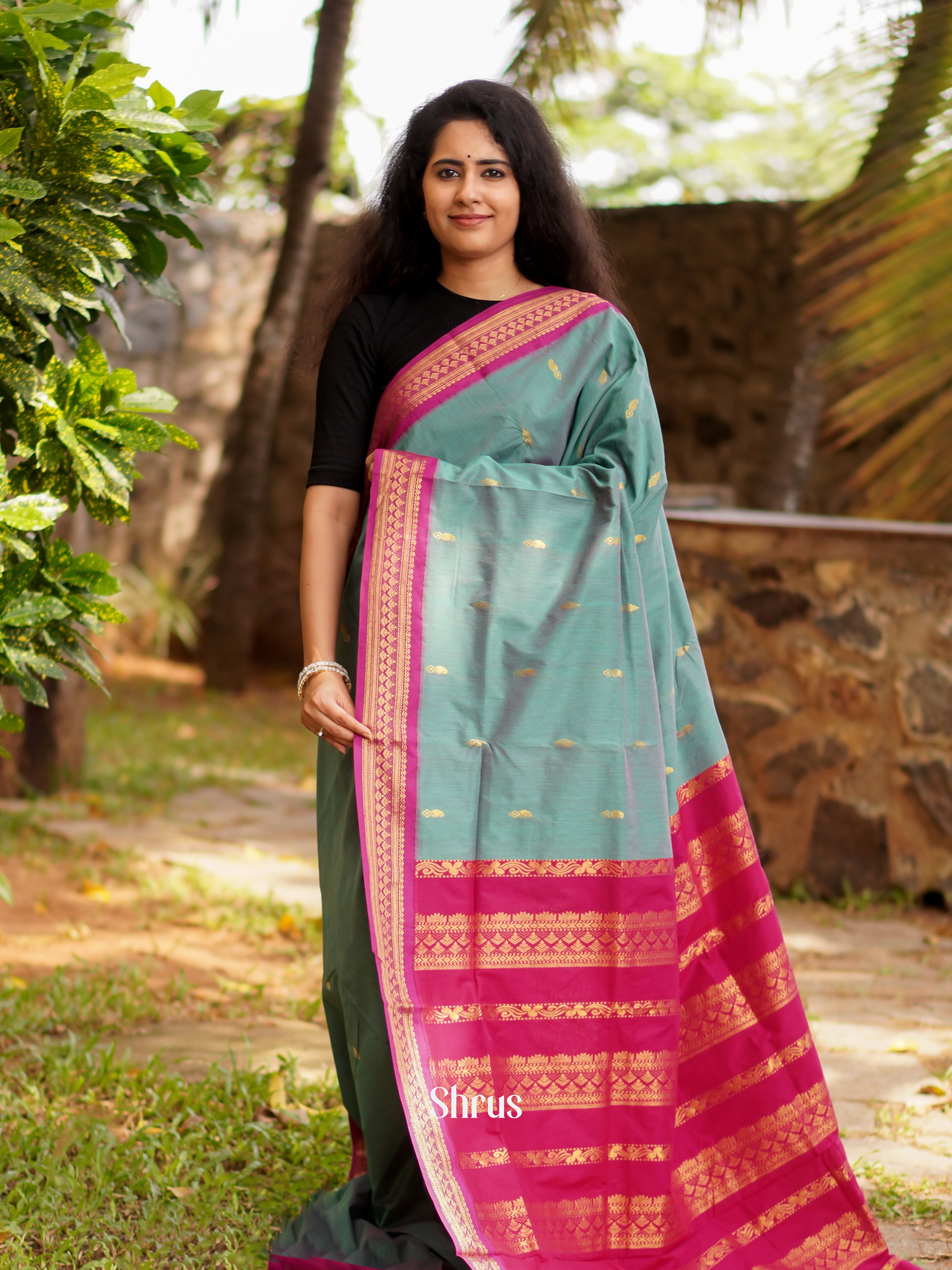 Blue & Pink- Kalyani Cotton Saree - Shop on ShrusEternity.com