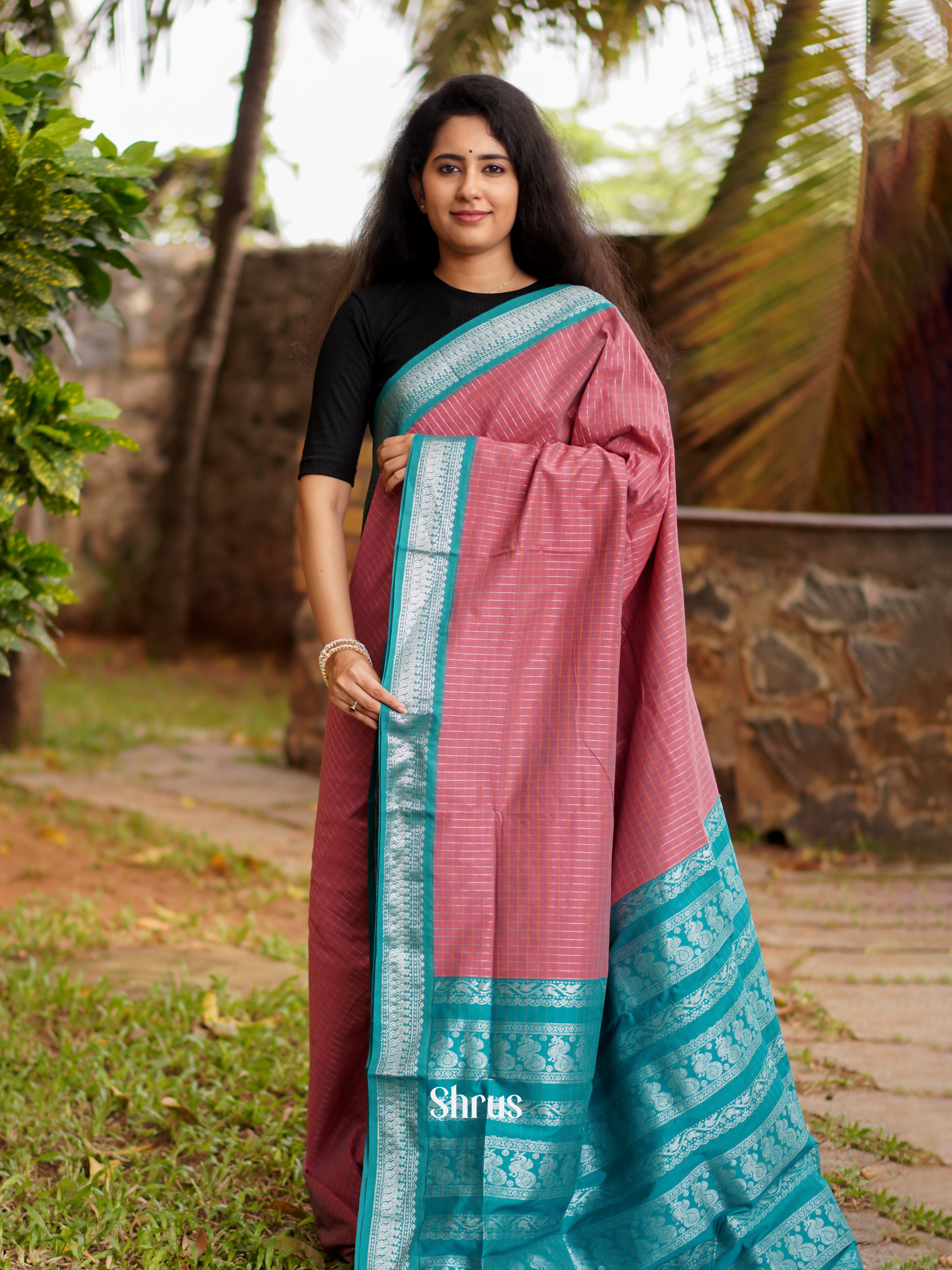 Onion Pink & Blue - Kalyani Cotton Saree - Shop on ShrusEternity.com