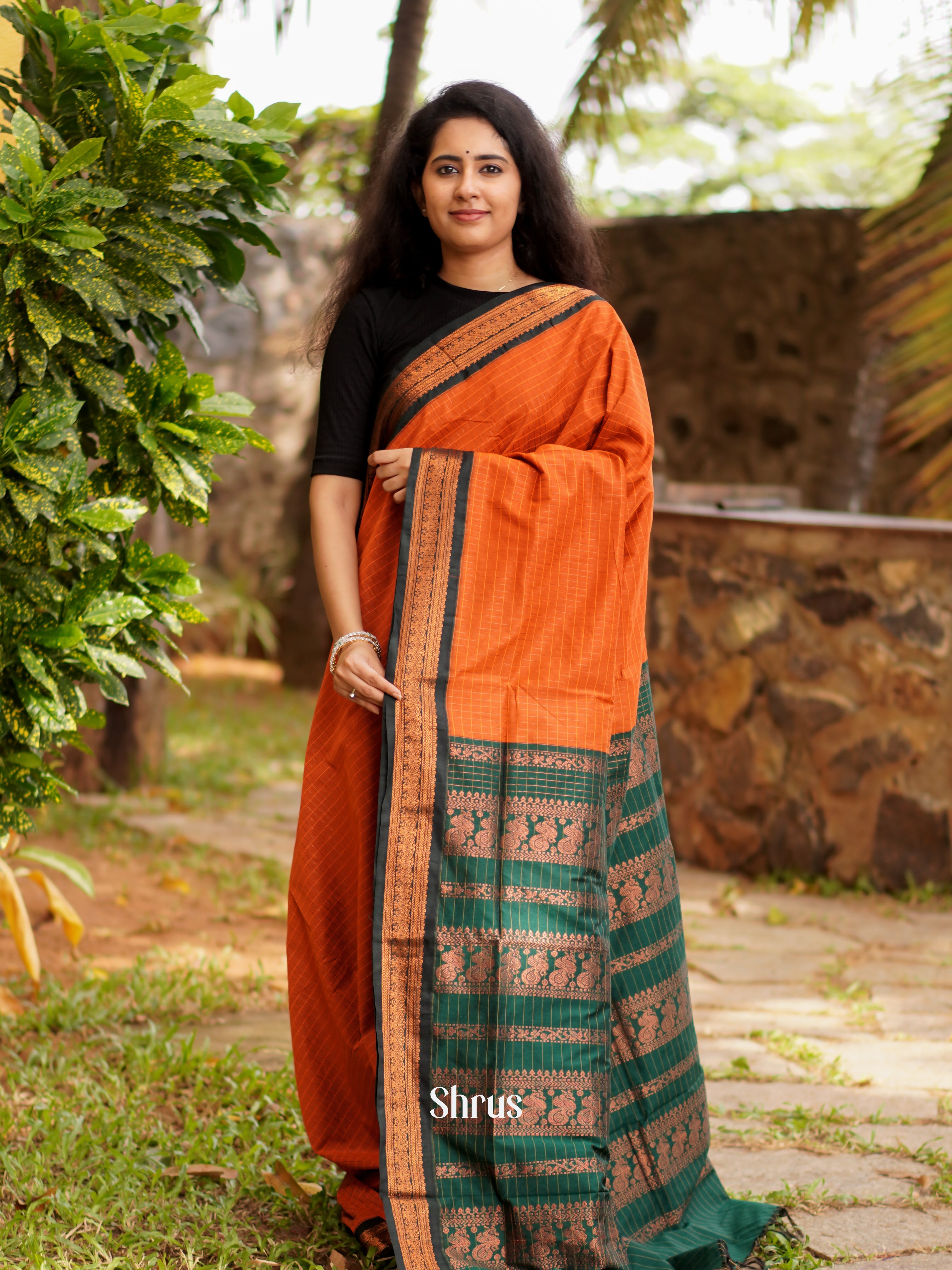 Orange & Green - Kalyani Cotton Saree - Shop on ShrusEternity.com