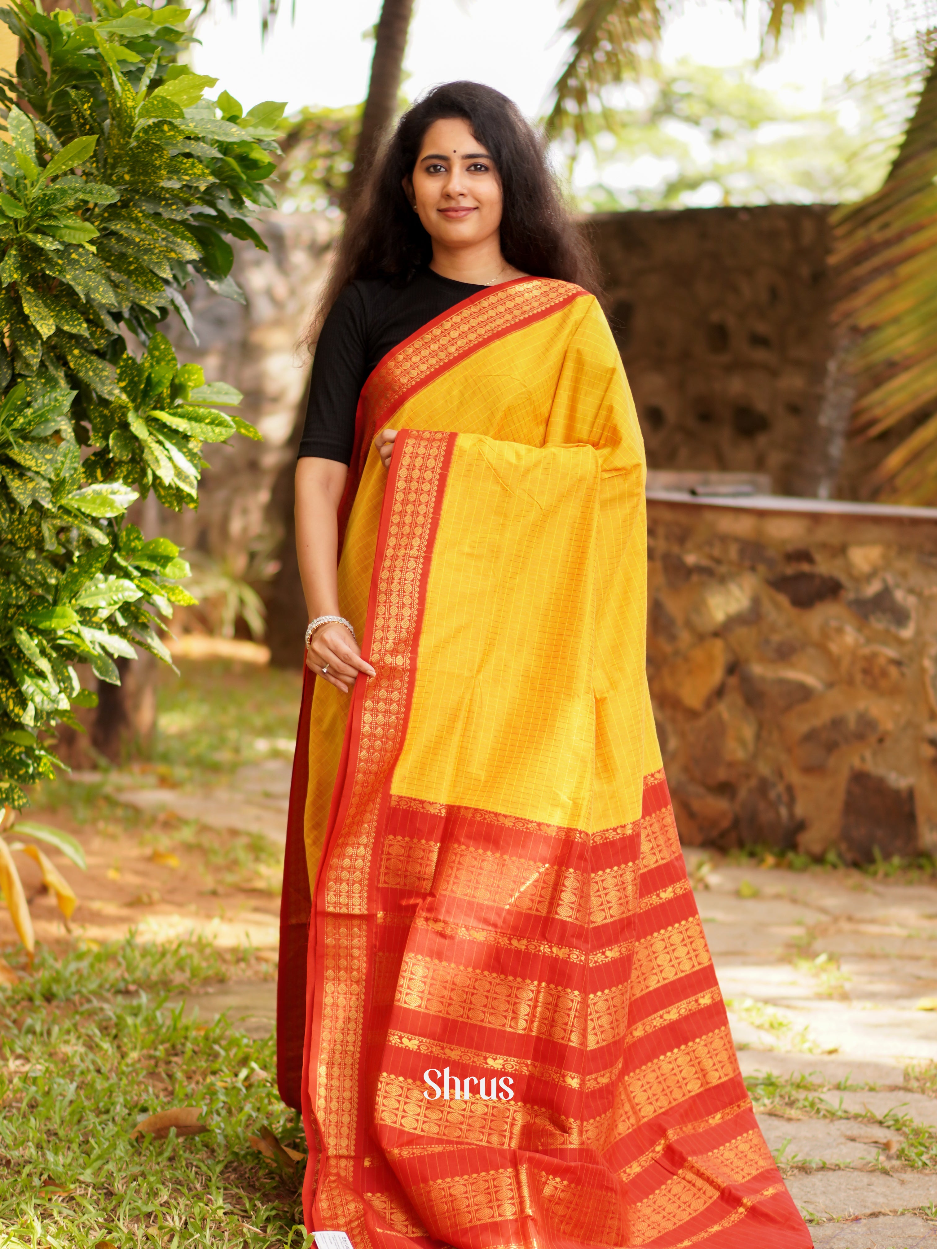 Yellow & Red - Kalyani Cotton Saree - Shop on ShrusEternity.com