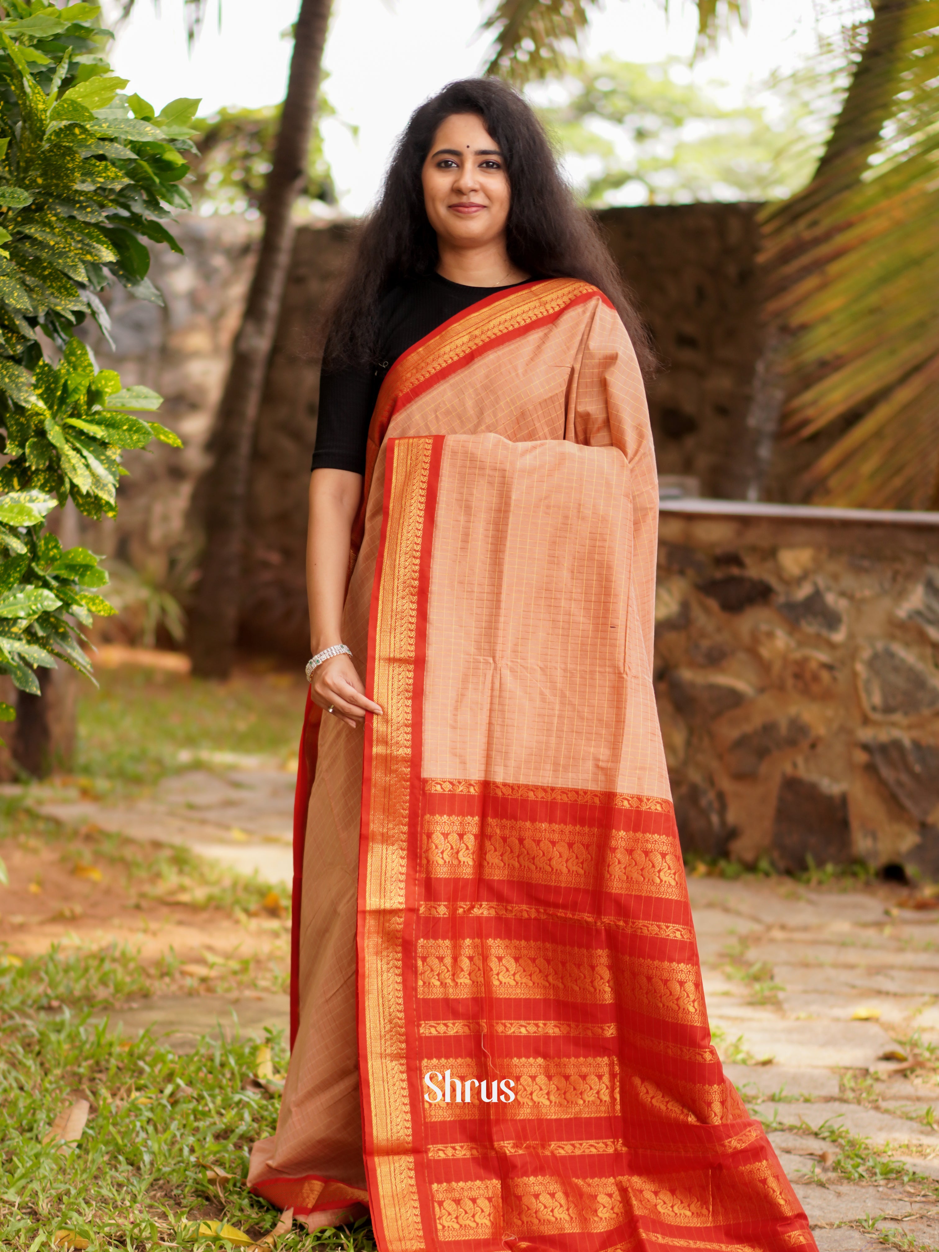Peach & Red - Kalyani Cotton Saree - Shop on ShrusEternity.com