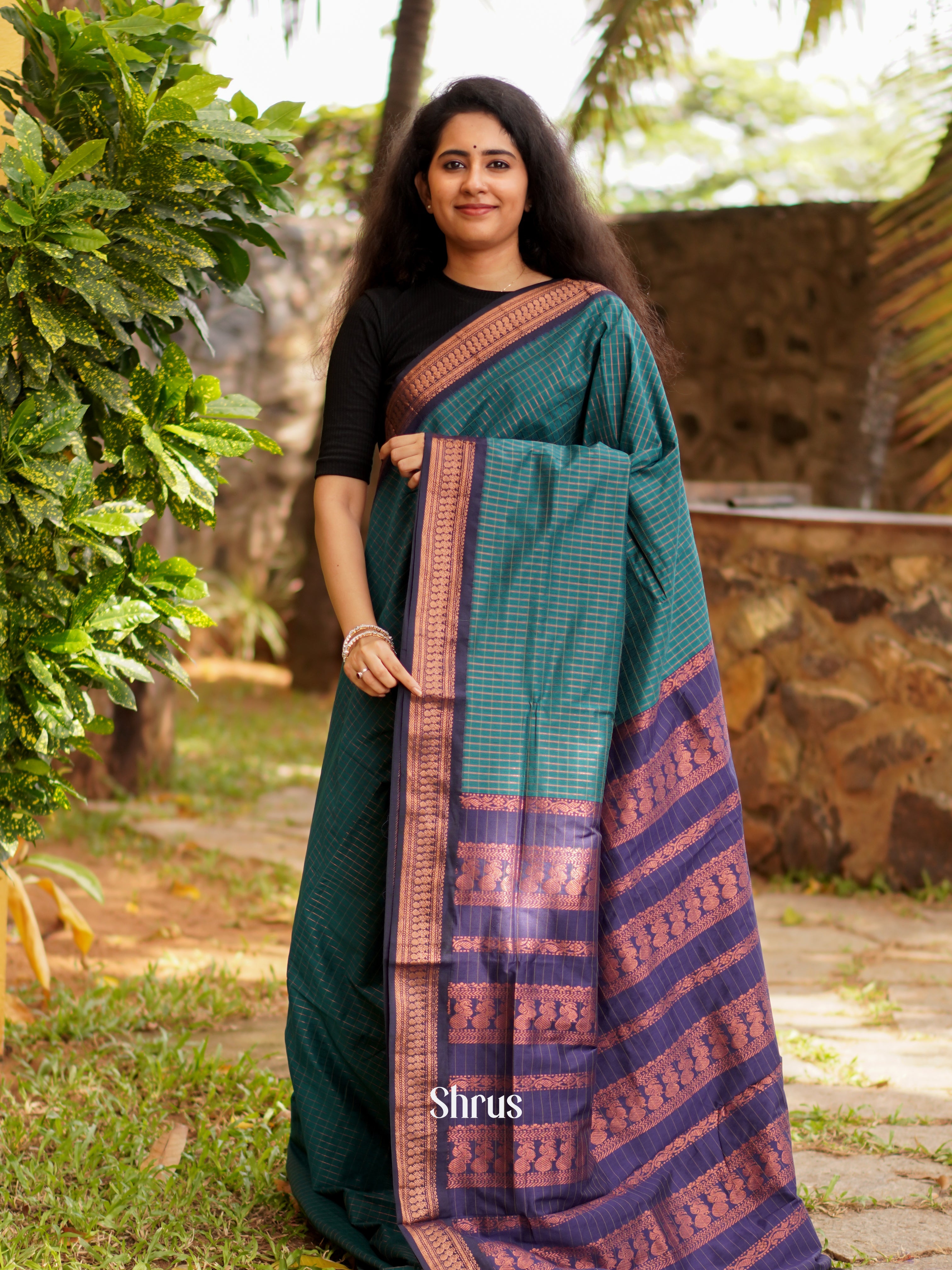 Peacock Green & Blue - Kalyani Cotton Saree - Shop on ShrusEternity.com