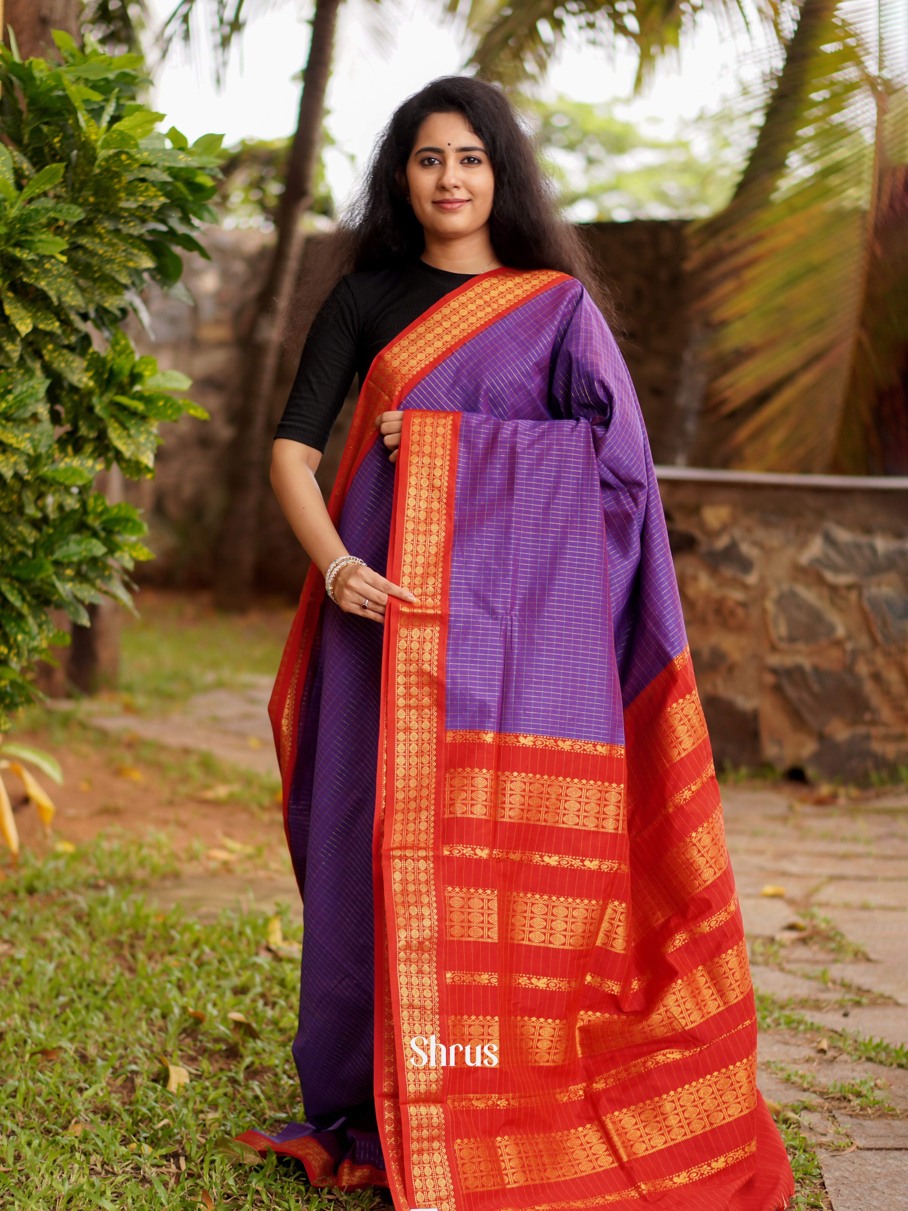 Purple & Red - Kalyani Cotton Saree - Shop on ShrusEternity.com