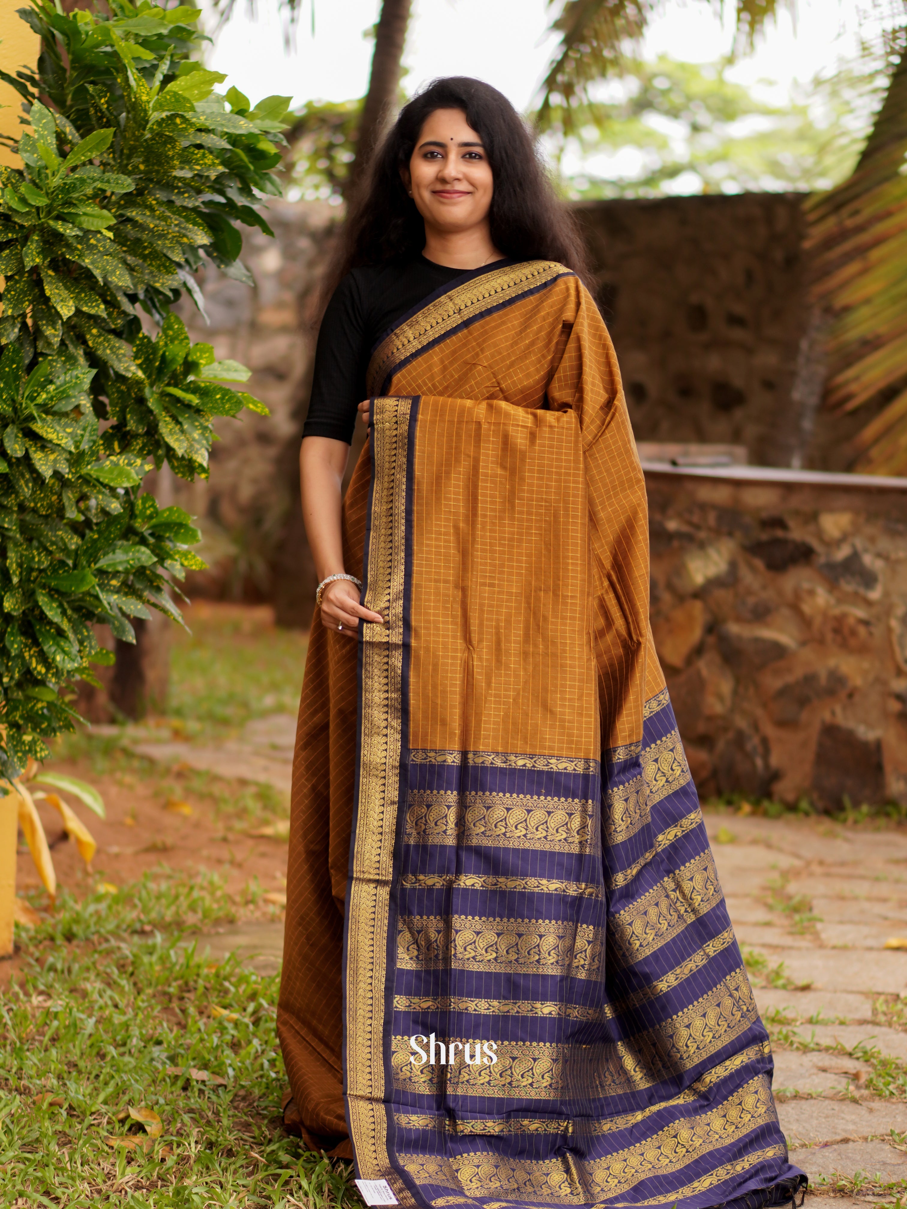 Brown & Violet- Kalyani Cotton Saree - Shop on ShrusEternity.com