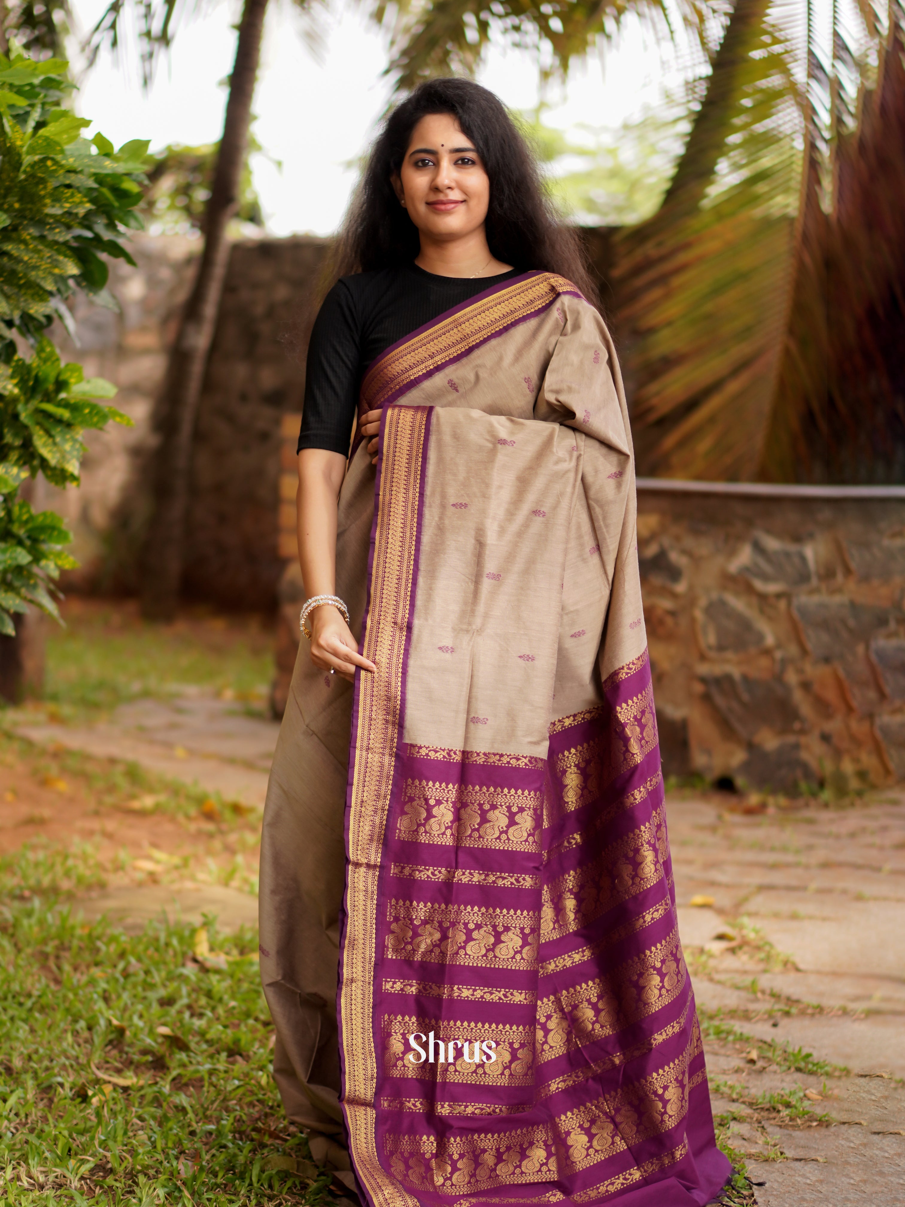 Beige & Purple - Kalyani Cotton Saree - Shop on ShrusEternity.com