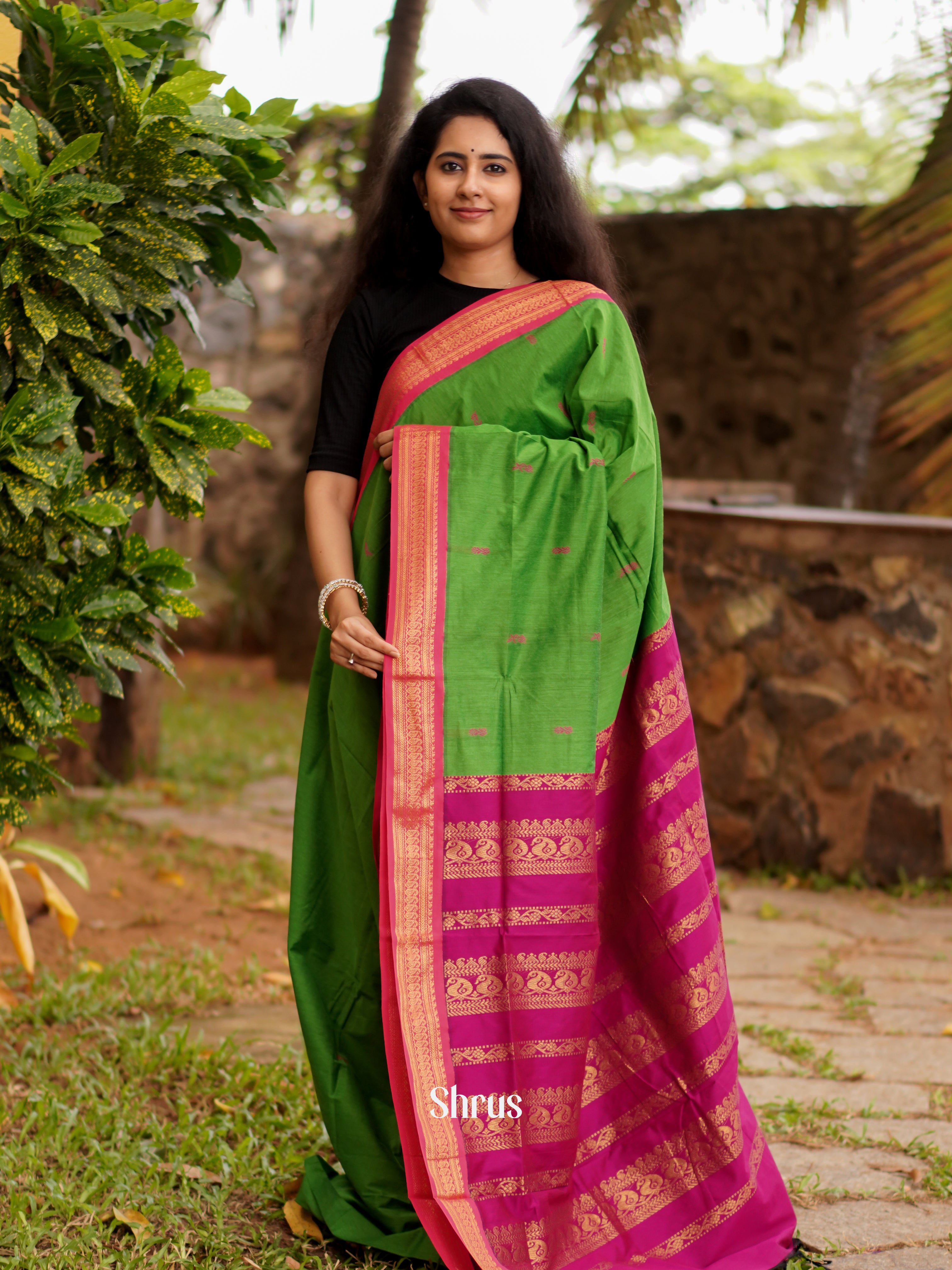 Green & Pink - Kalyani Cotton Saree - Shop on ShrusEternity.com