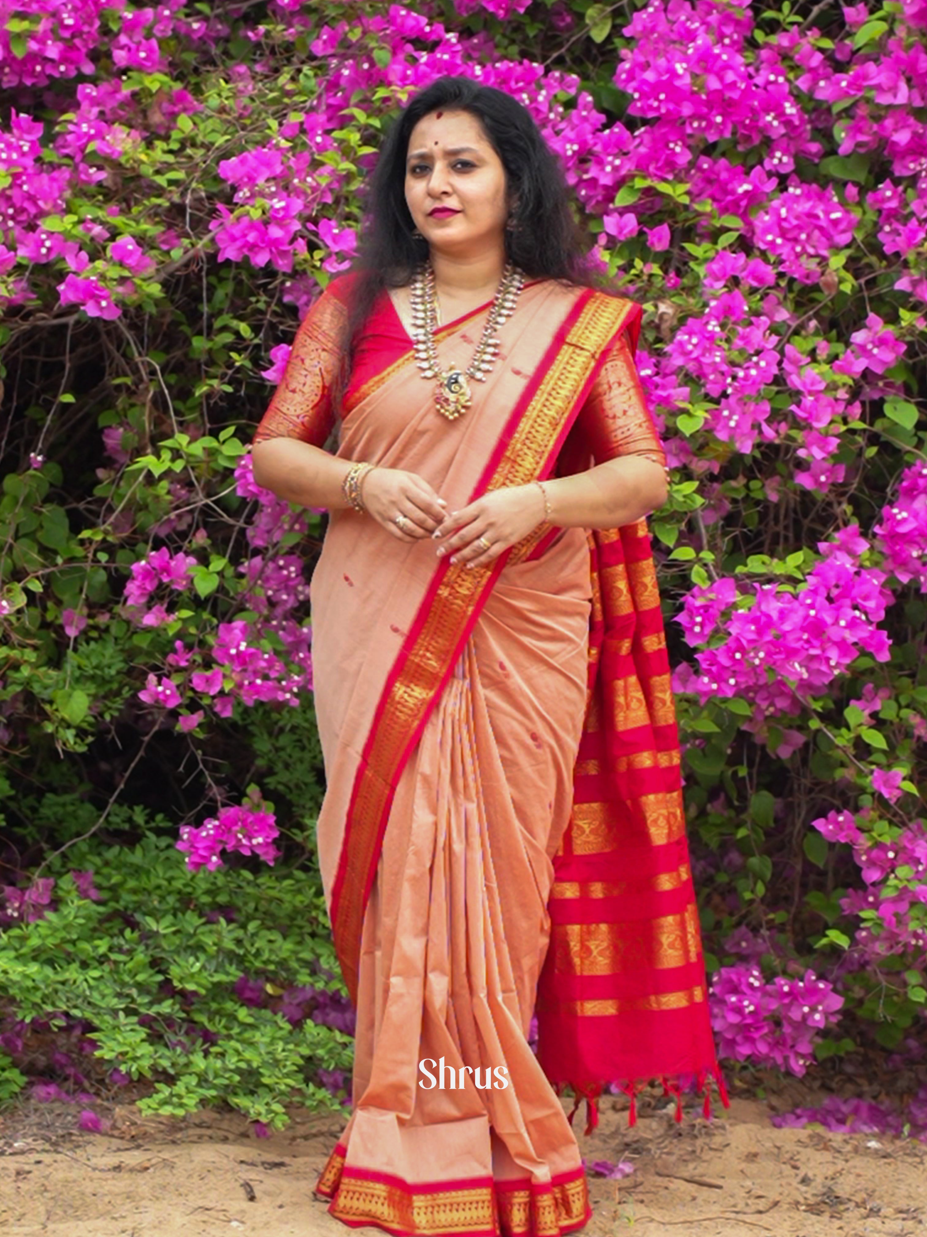 Peach & Red - Kalyani Cotton - Shop on ShrusEternity.com