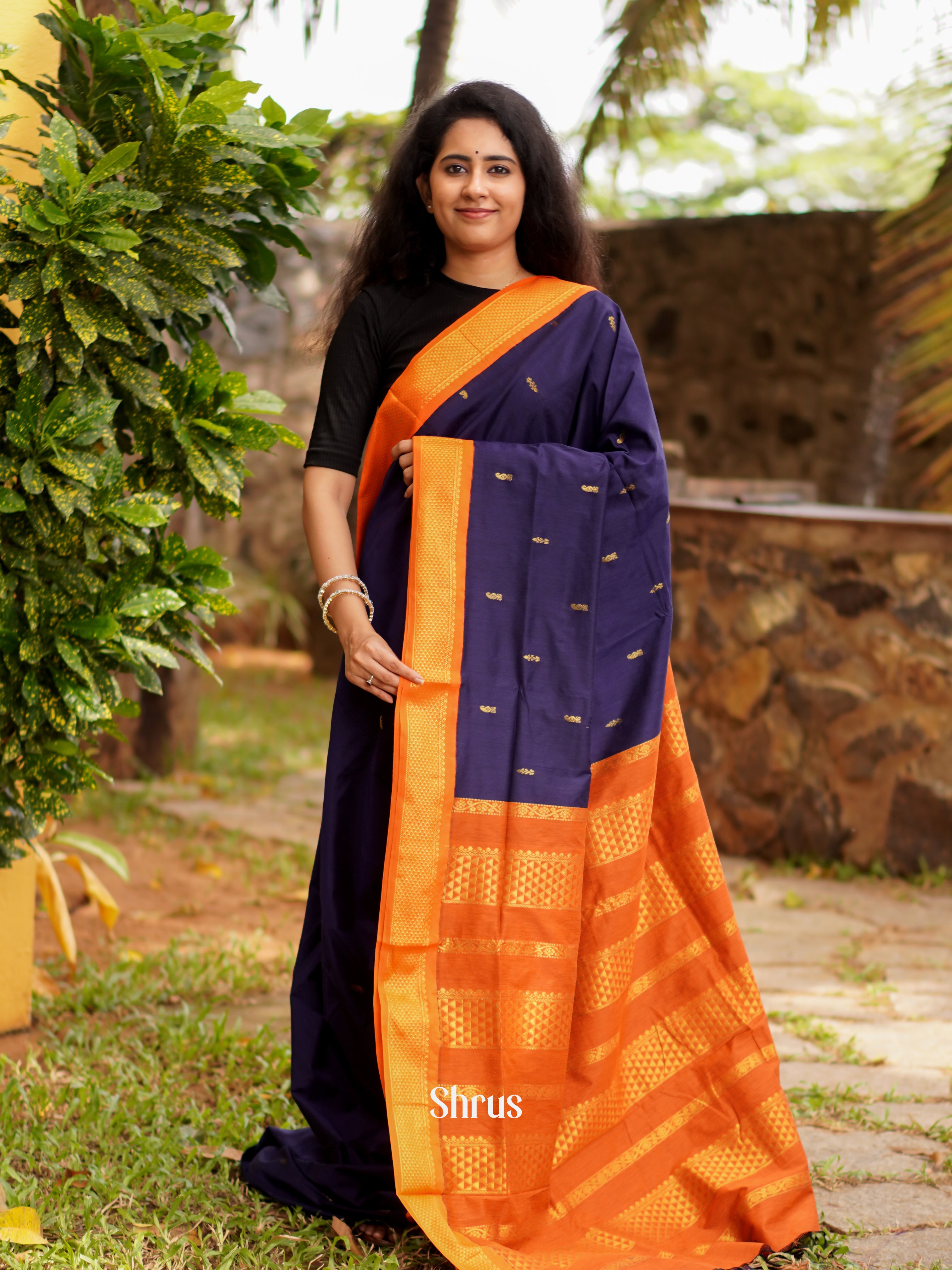 Blue & Orange - Kalyani Cotton Saree - Shop on ShrusEternity.com