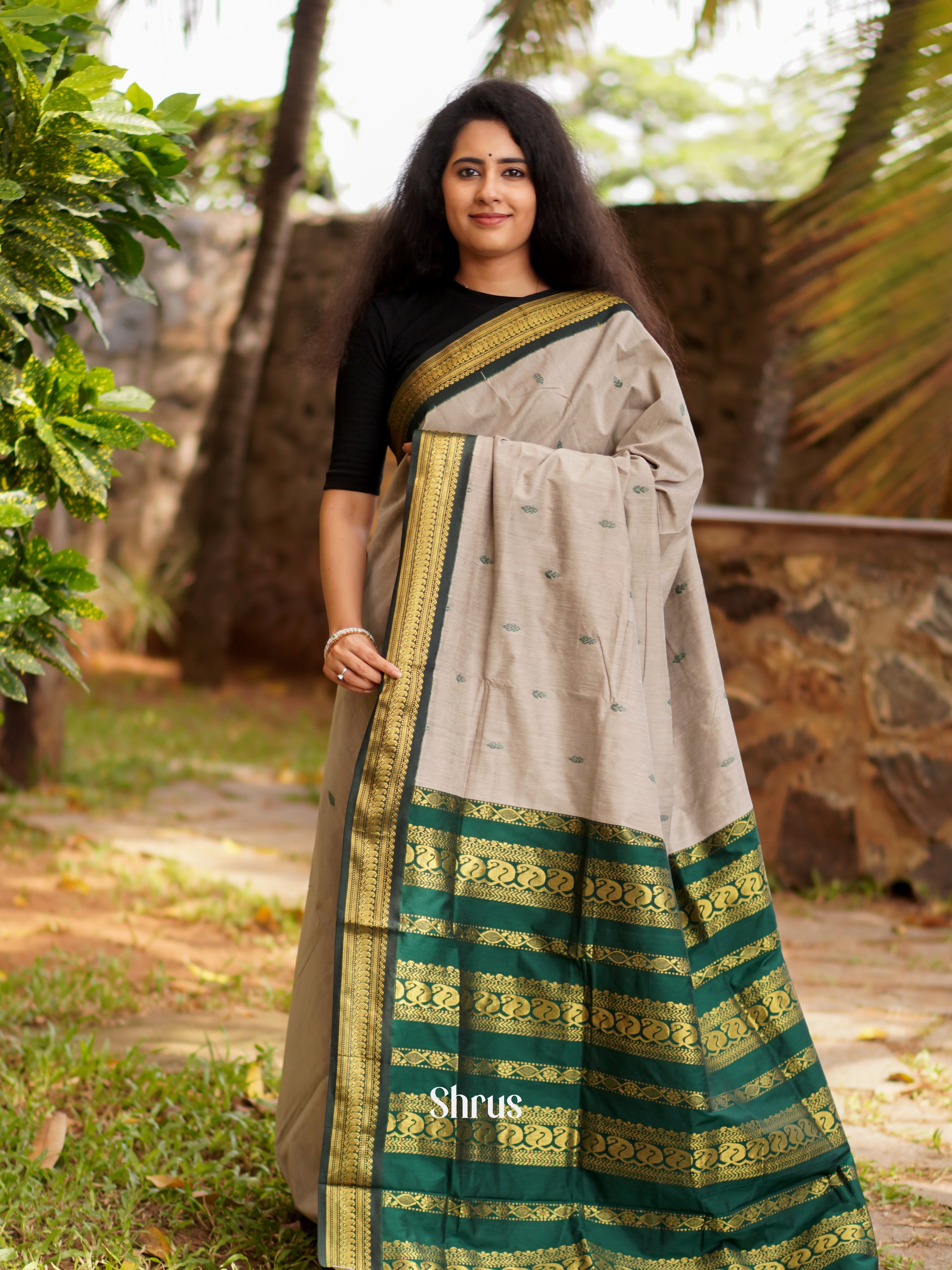 Dusty Pink & Green - Kalyani Cotton Saree - Shop on ShrusEternity.com
