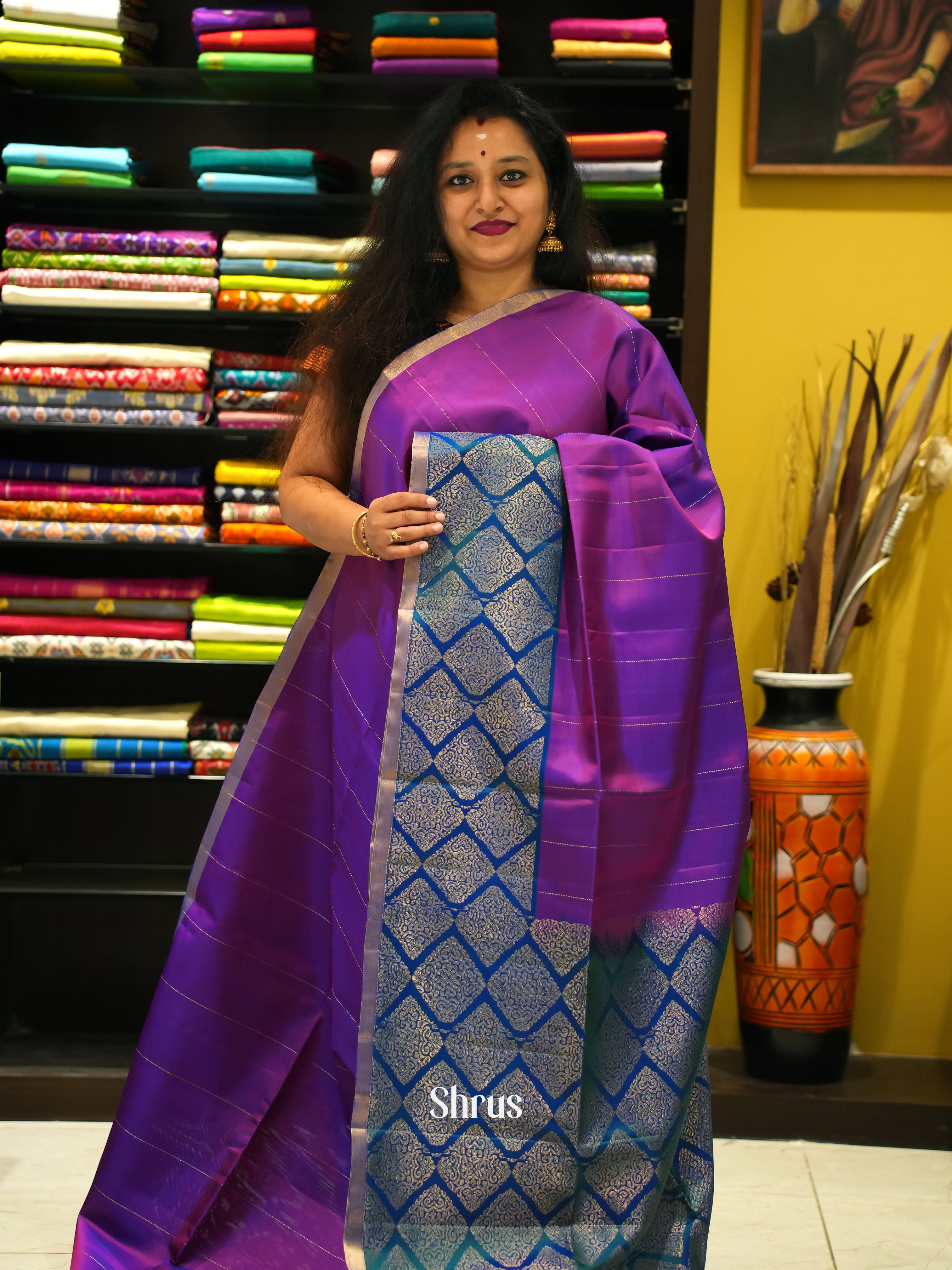 Purple & Blue- Soft Silk Saree - Shop on ShrusEternity.com