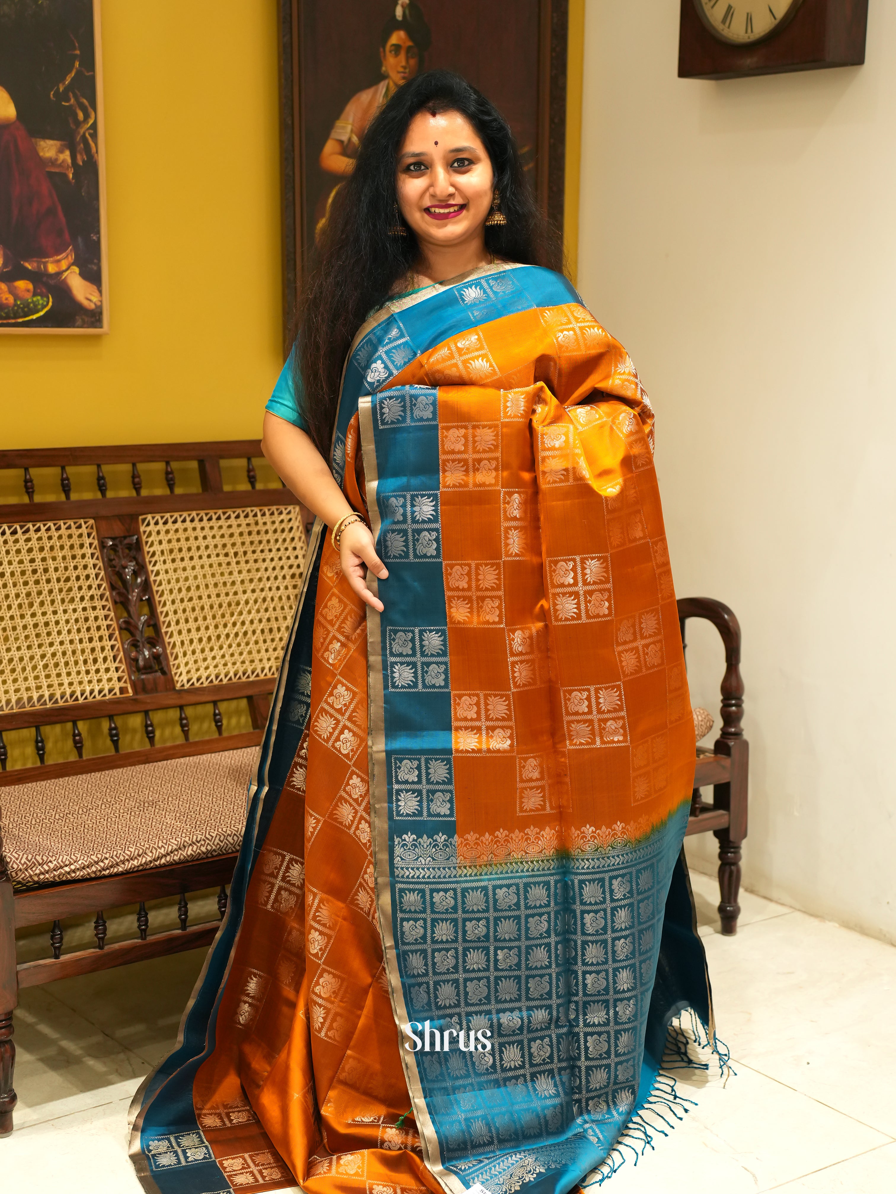 Orange & Blue - Soft Silk Saree - Shop on ShrusEternity.com