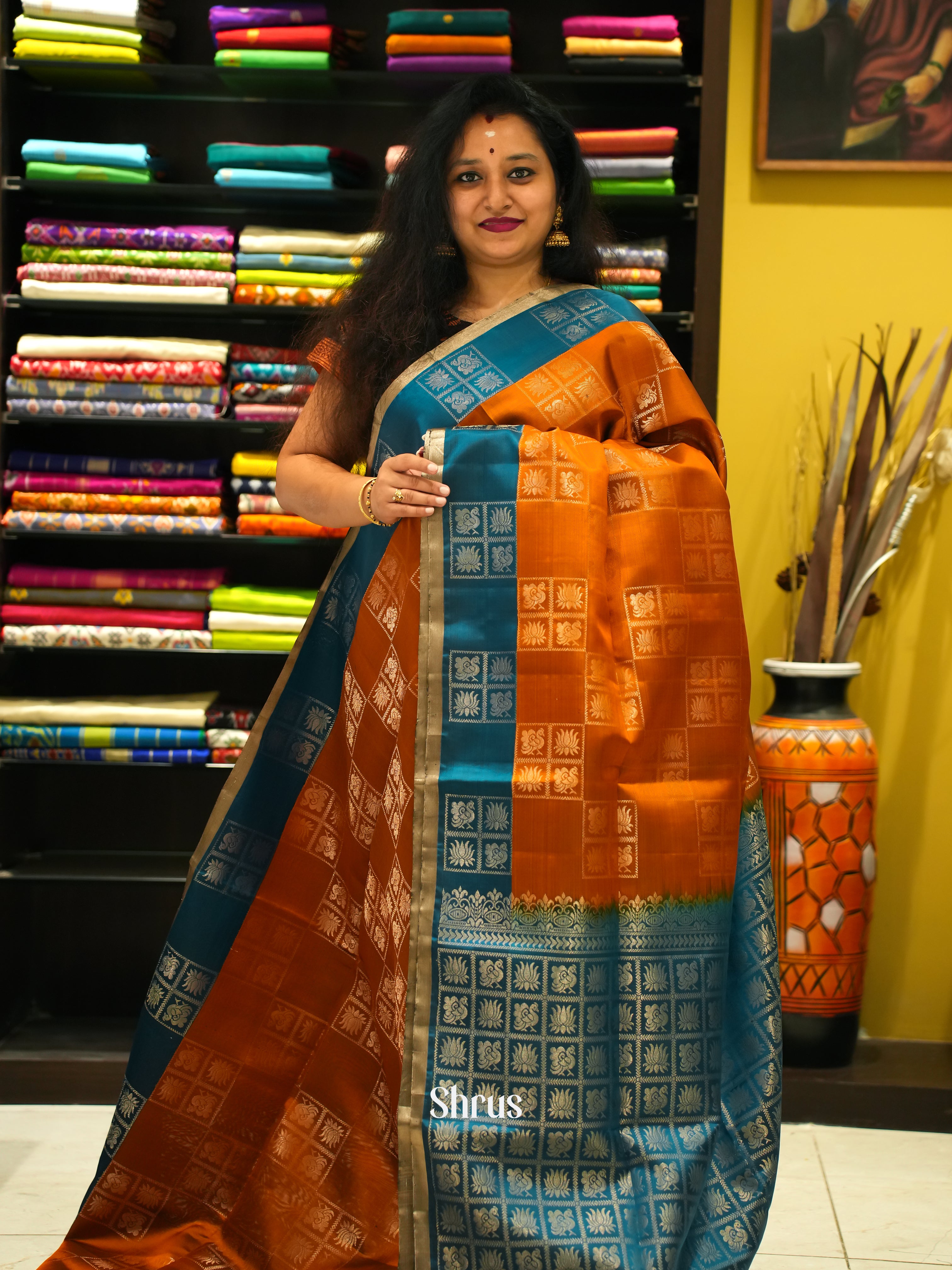Orange & Blue - Soft Silk Saree - Shop on ShrusEternity.com