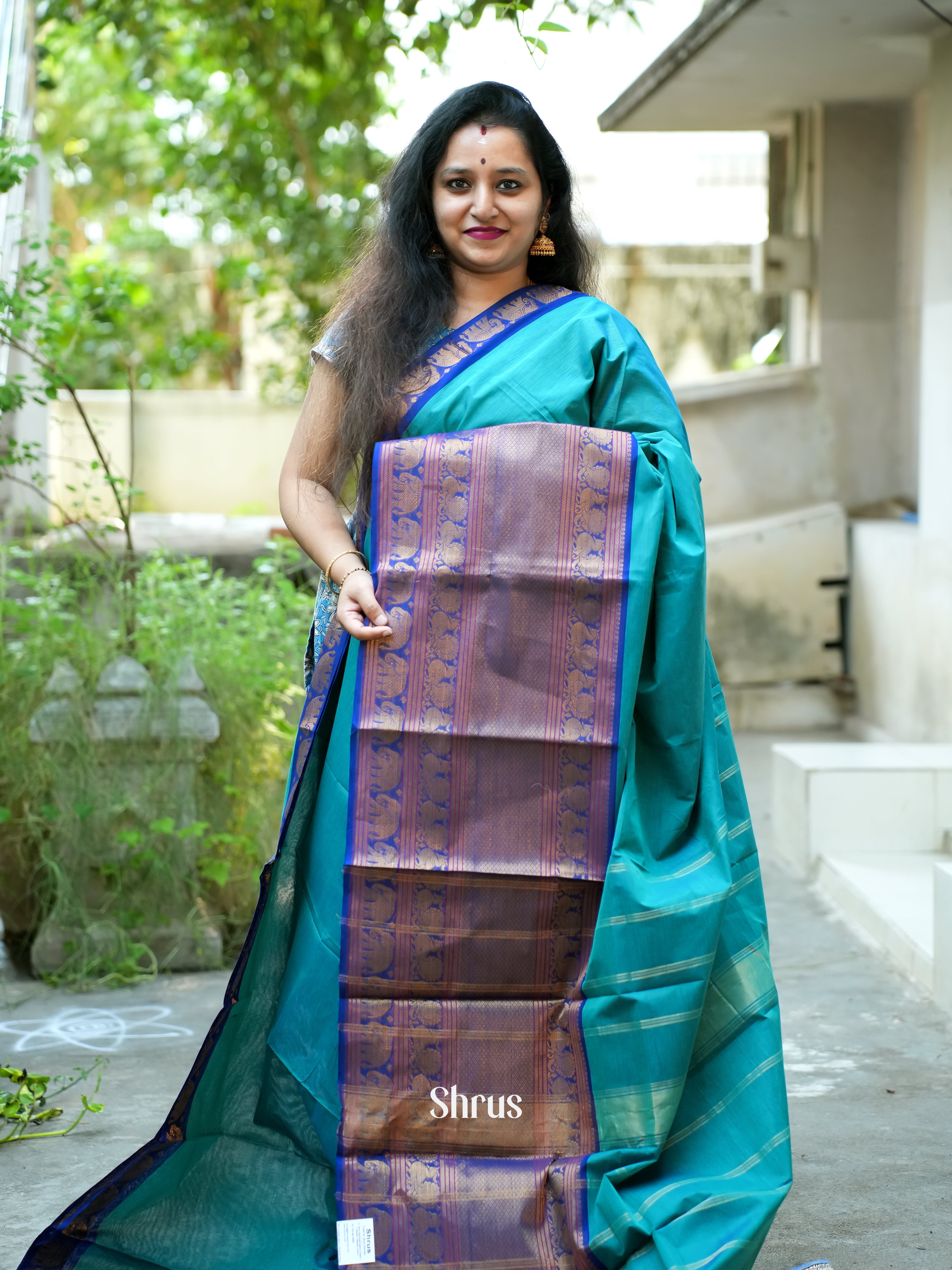 Sky Blue & Blue - Narayanpet Cotton Saree - Shop on ShrusEternity.com
