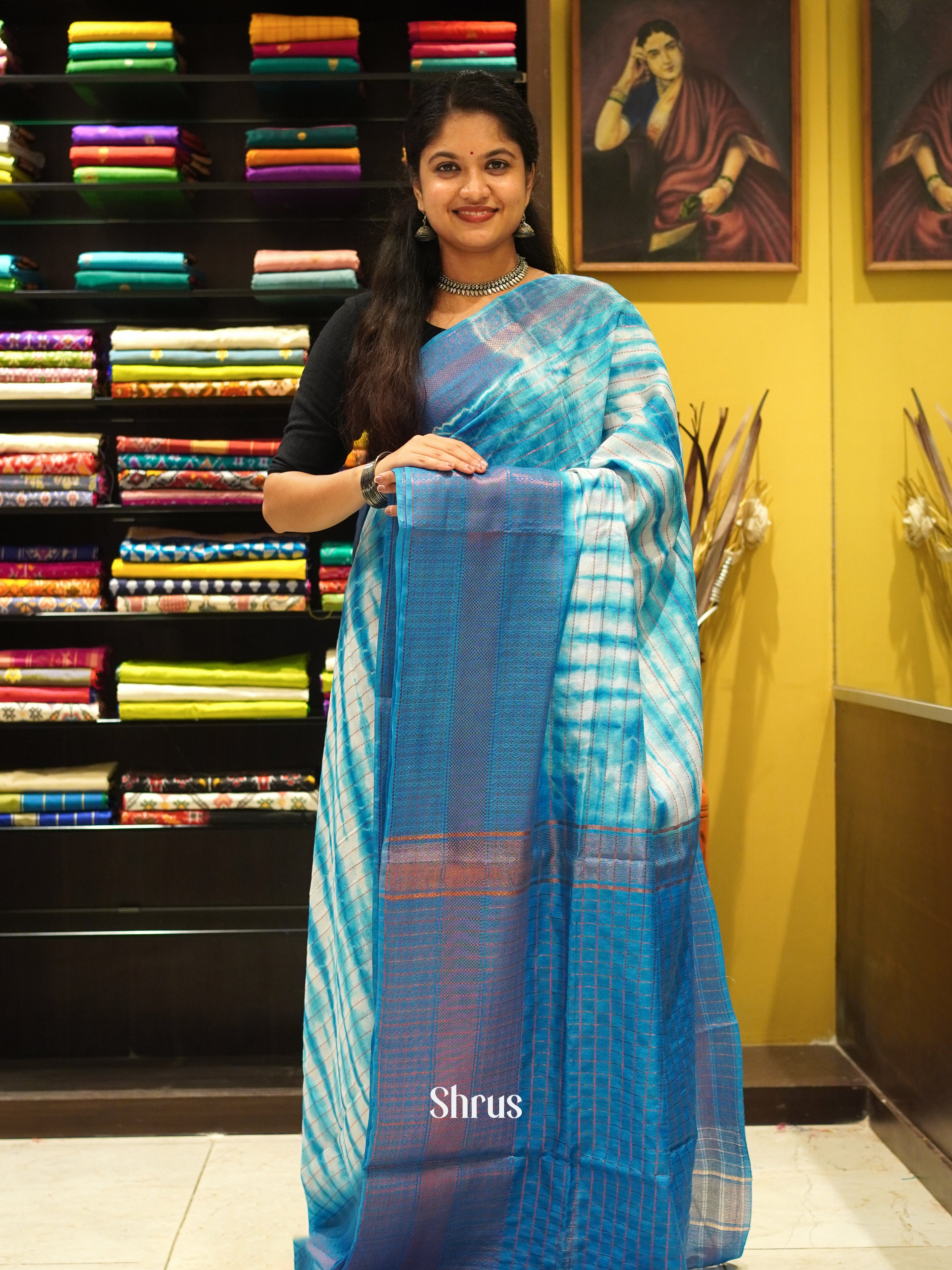 Cream & Blue - Shibori Saree - Shop on ShrusEternity.com