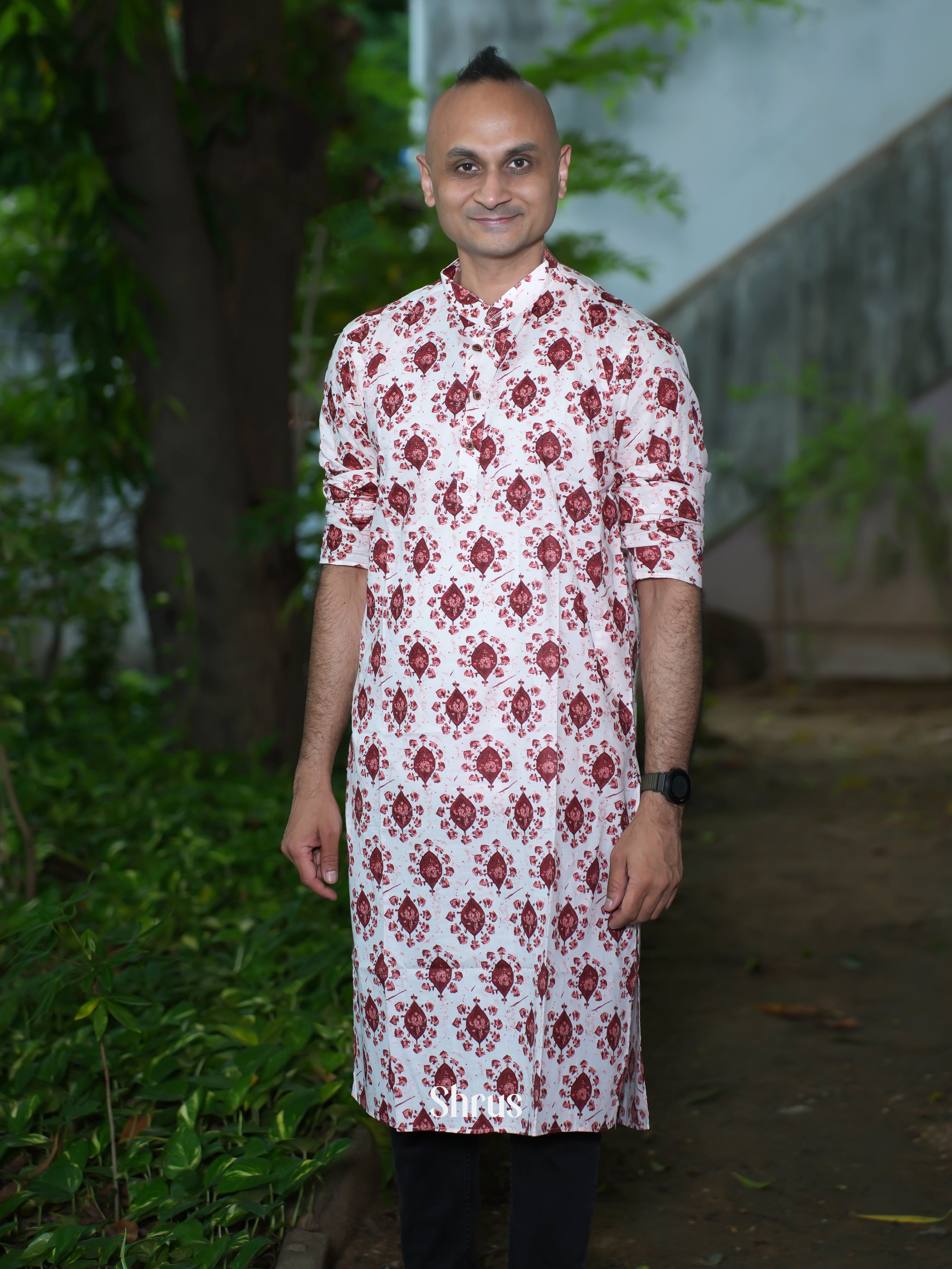White & Maroon - Readymade Mens Kurta - Shop on ShrusEternity.com