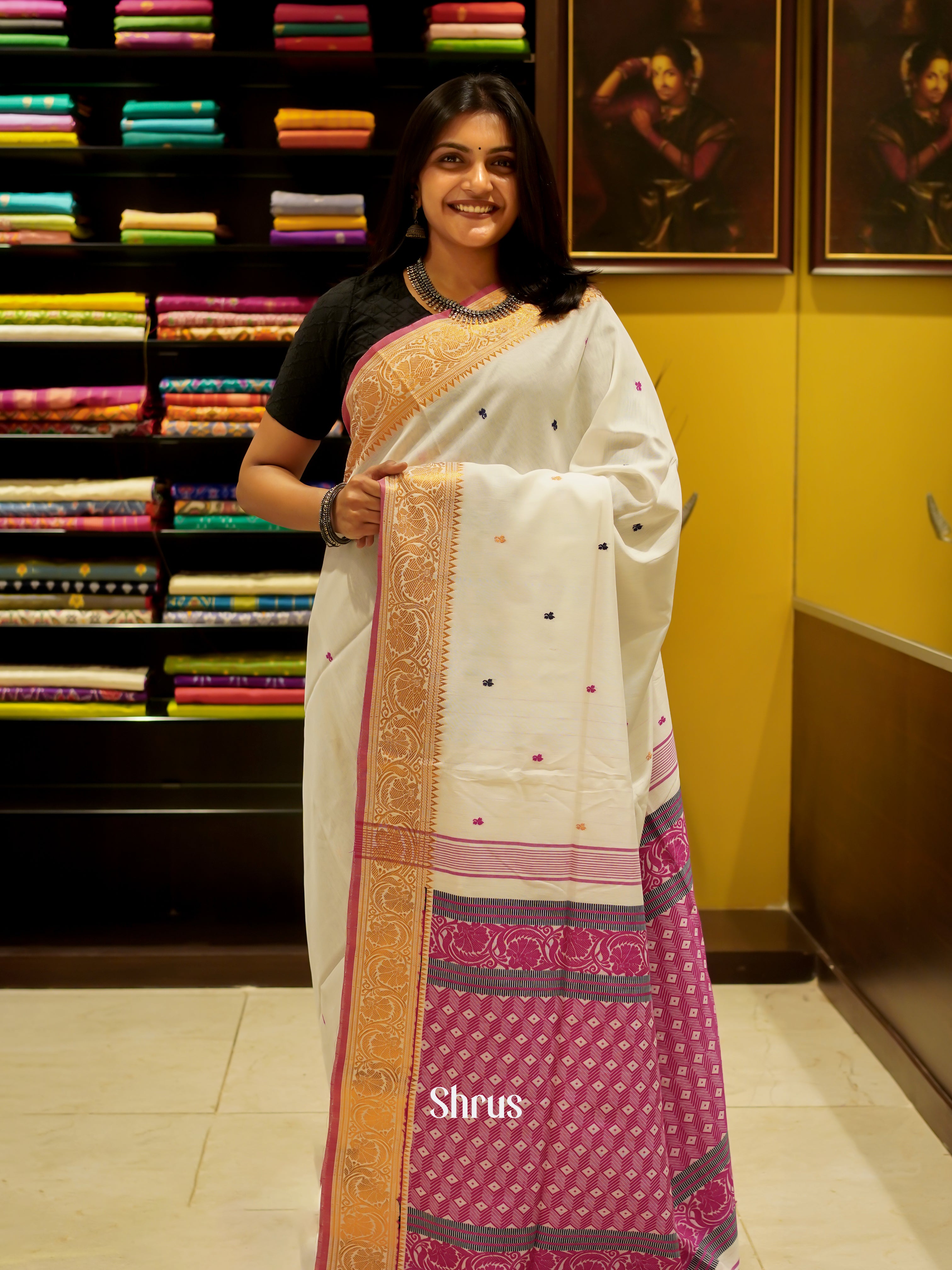 Cream & Pink - Bengal cotton Saree - Shop on ShrusEternity.com