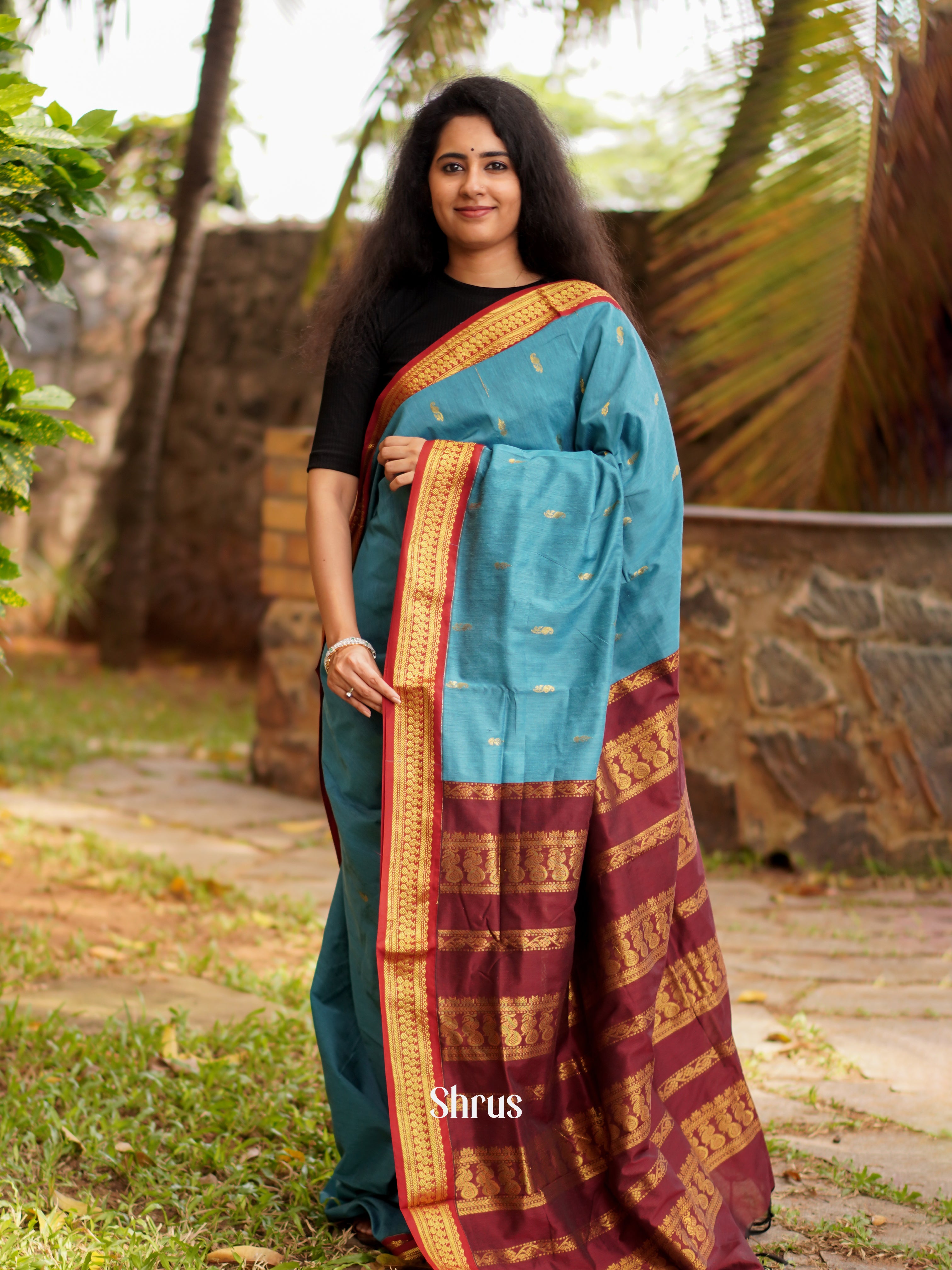 Blue & Maroon - Kalyani Cotton Saree - Shop on ShrusEternity.com