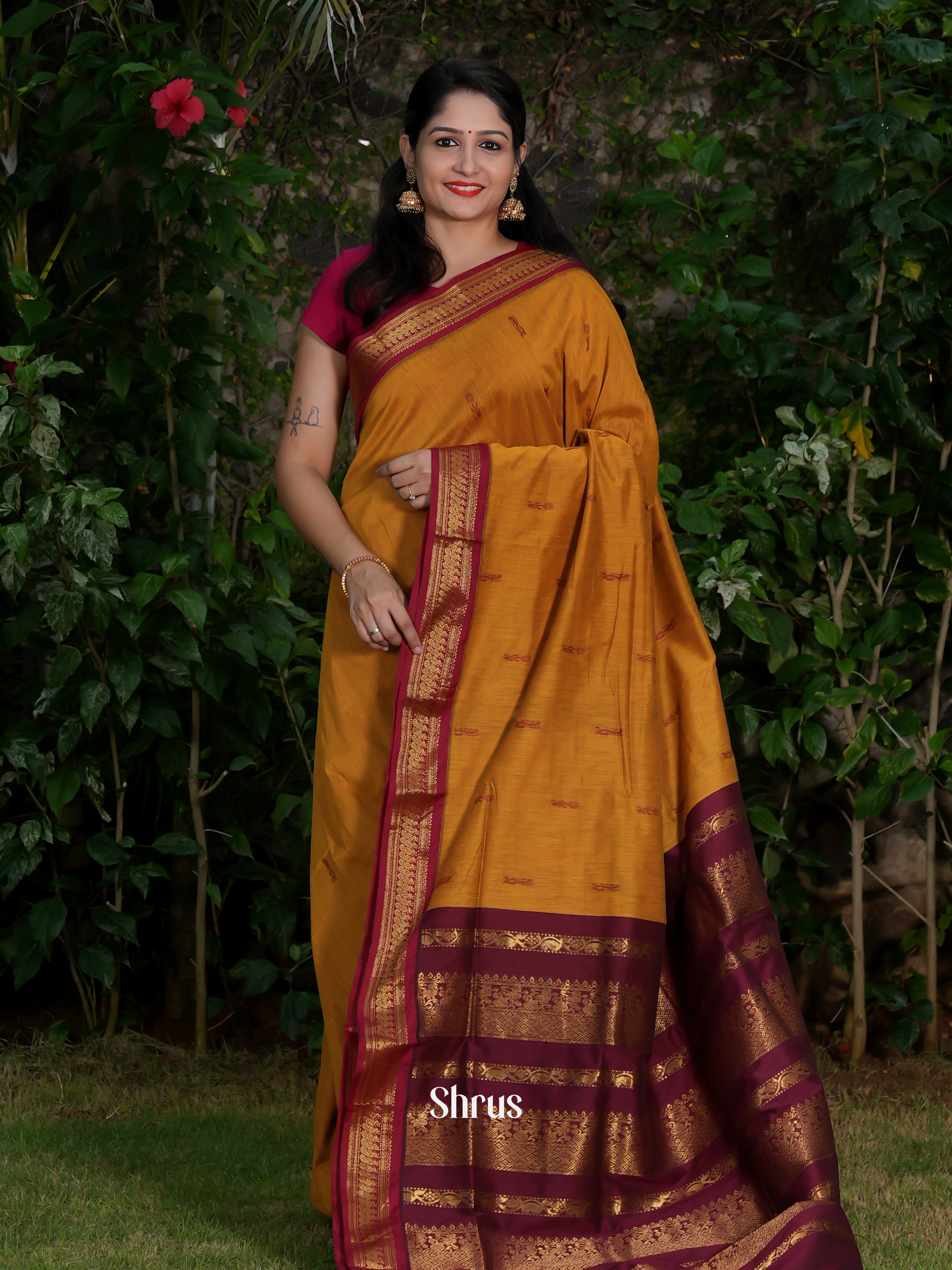 Mustard & Maroon - Kalyani Cotton Saree - Shop on ShrusEternity.com