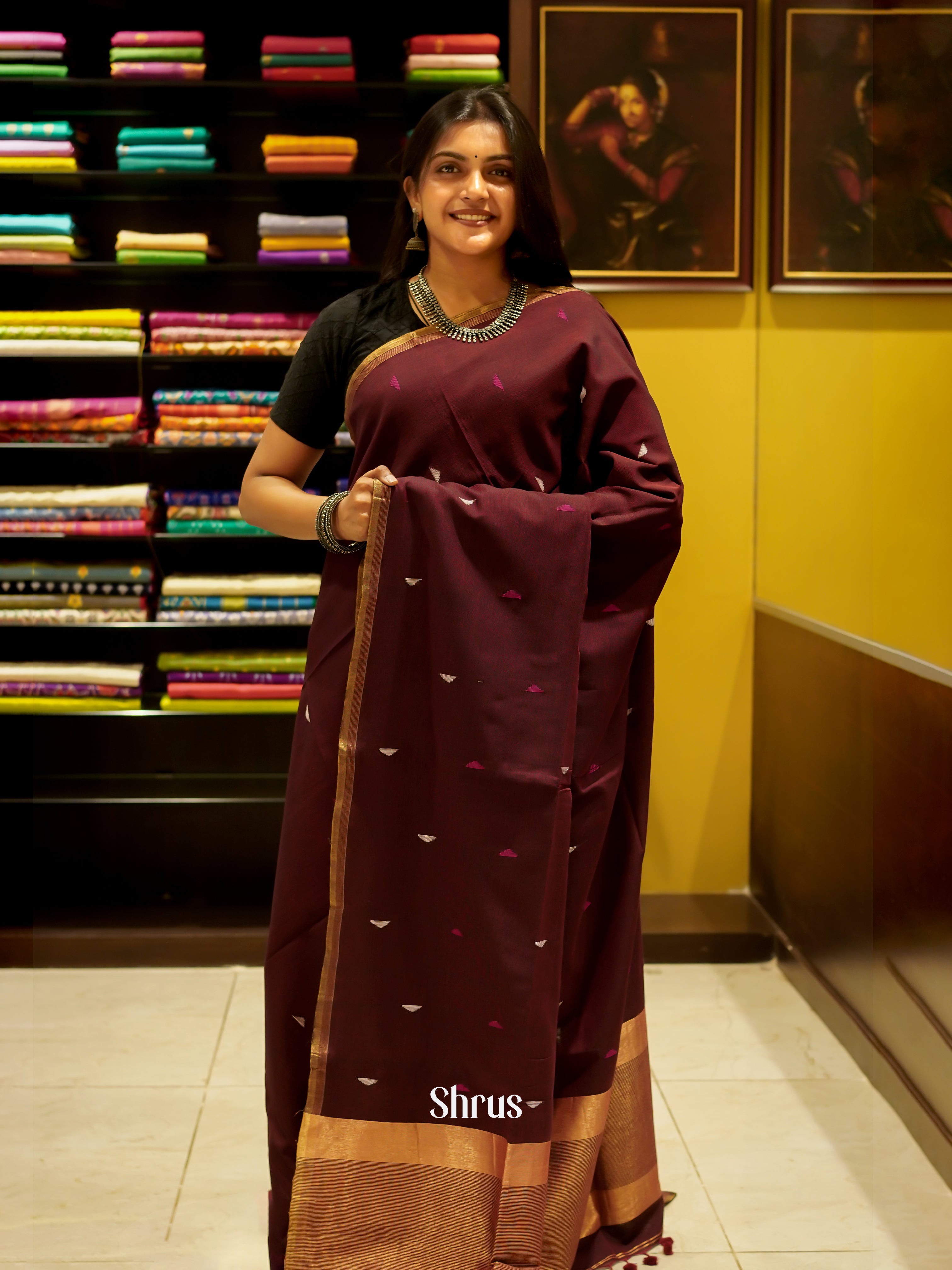 Maroon - Bengal cotton Saree - Shop on ShrusEternity.com