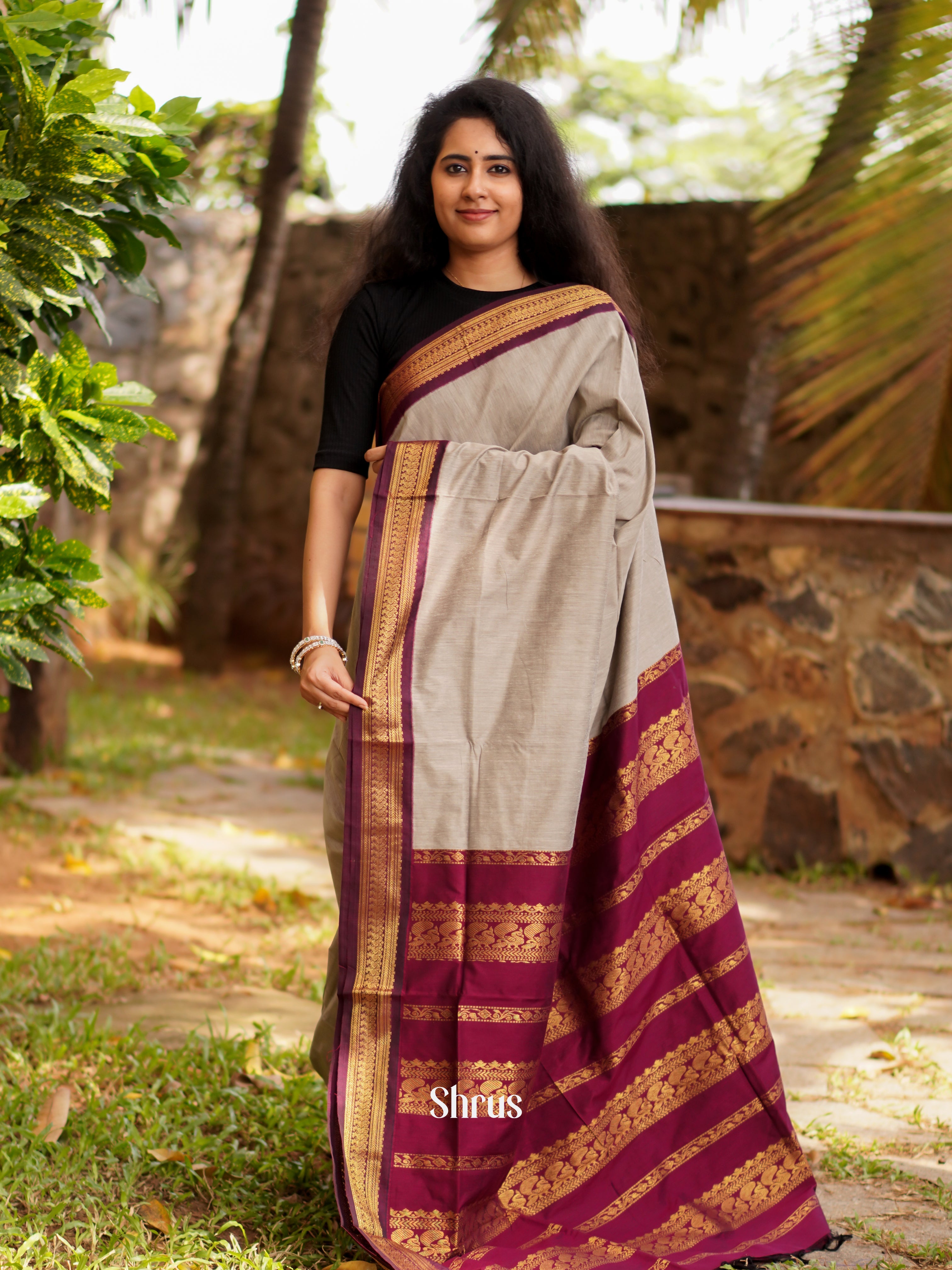 Grey & Maroon - Kalyani Cotton Saree - Shop on ShrusEternity.com