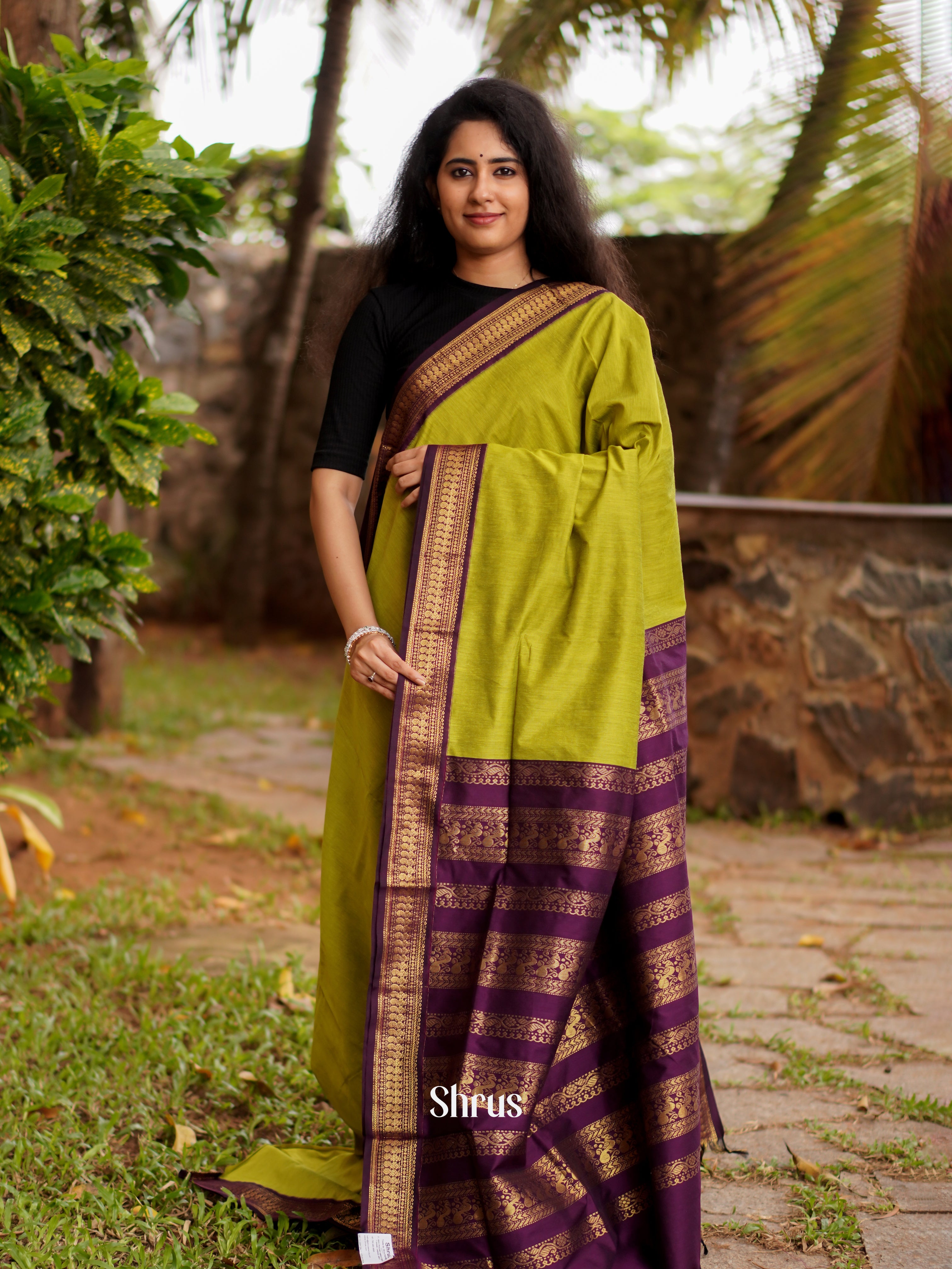 Light Green & Purple - Kalyani Cotton Saree - Shop on ShrusEternity.com