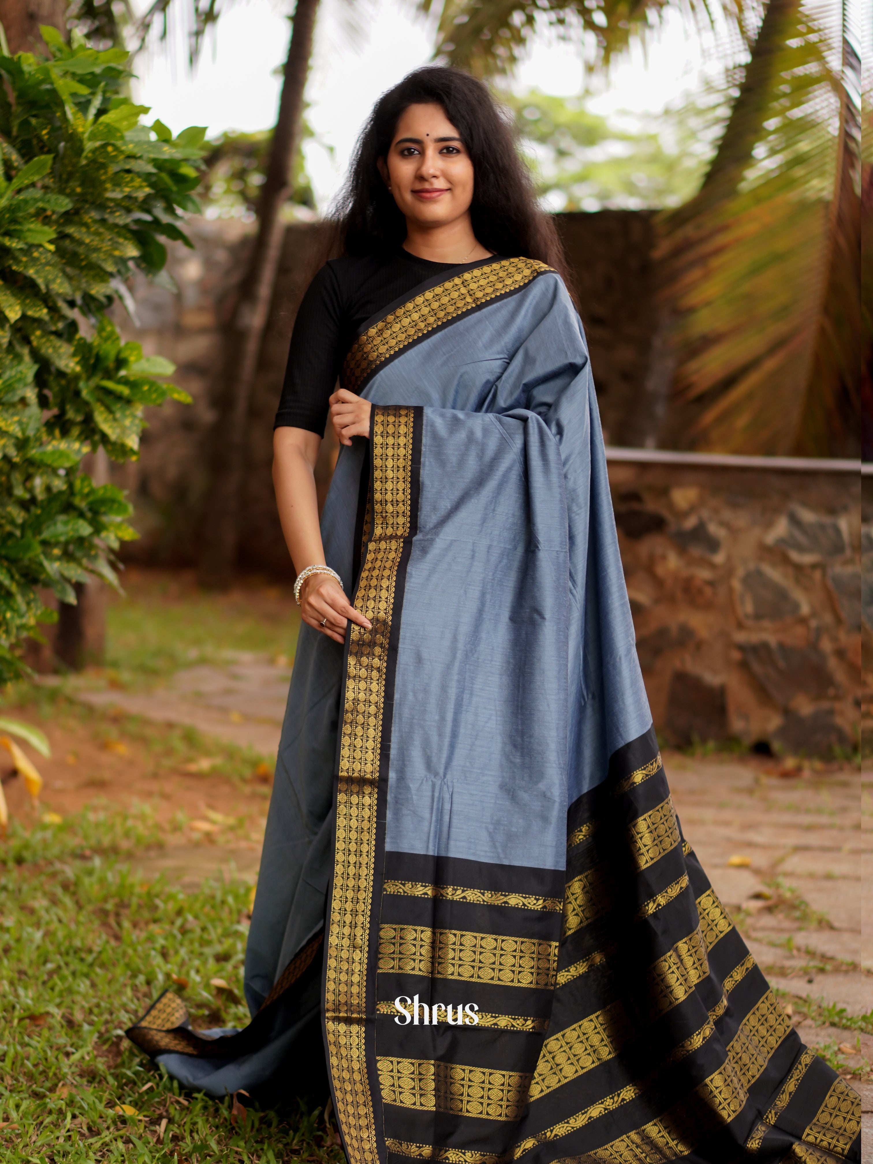 Grey & Black - Kalyani Cotton Saree - Shop on ShrusEternity.com