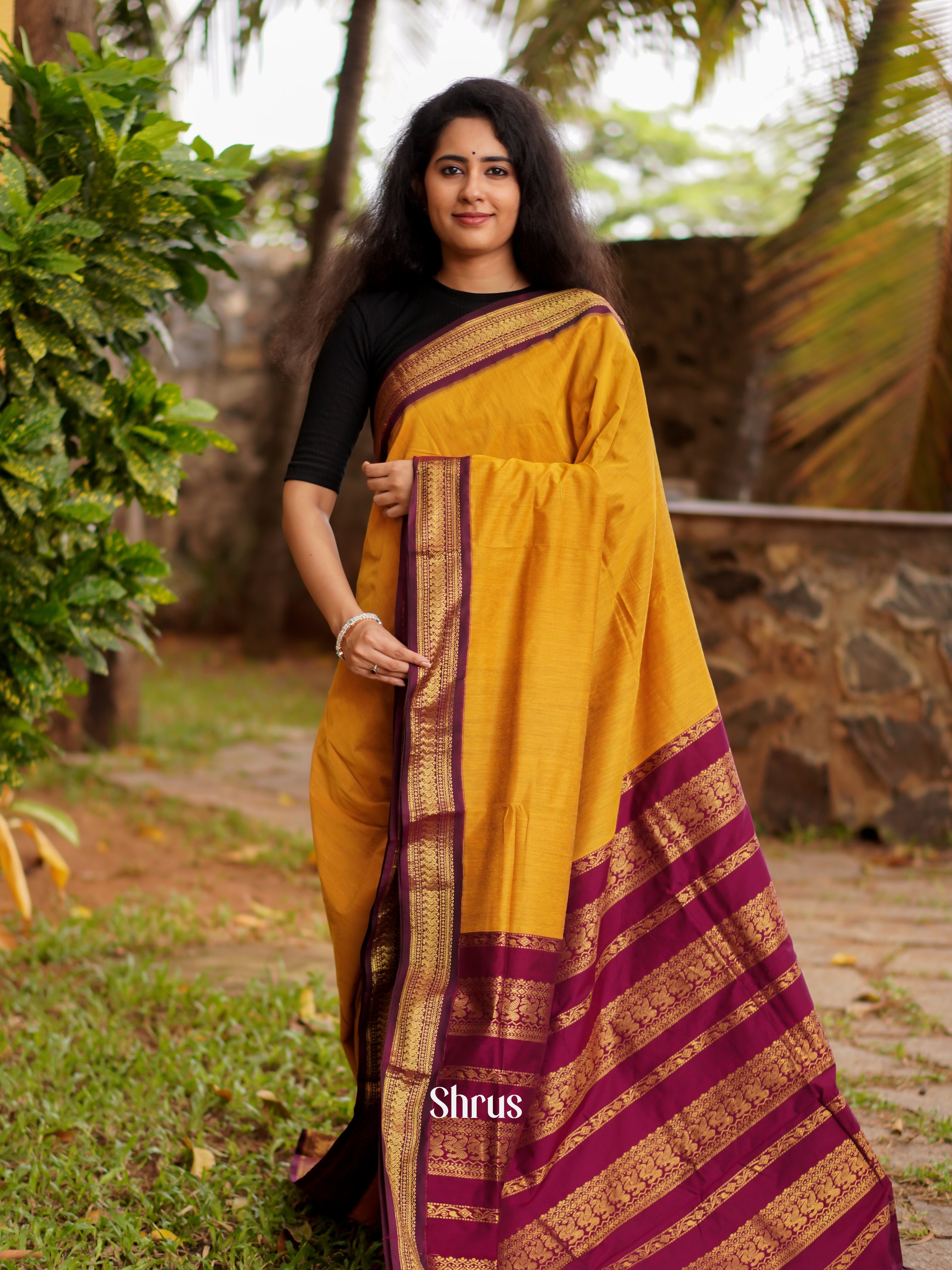 Mustard & Maroon- Kalyani Cotton Saree - Shop on ShrusEternity.com