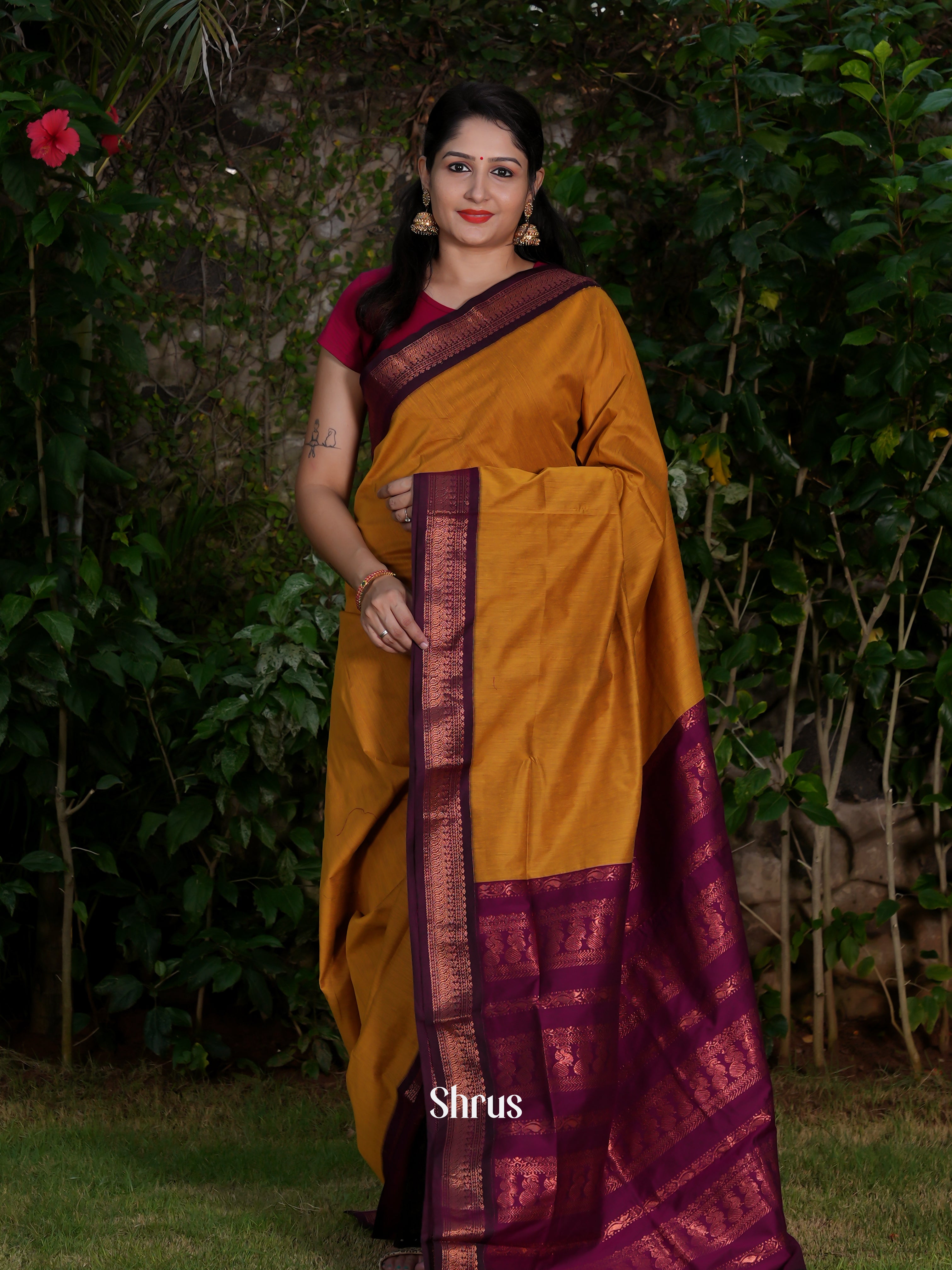 Mustard & Purple - Kalyani Cotton Saree - Shop on ShrusEternity.com