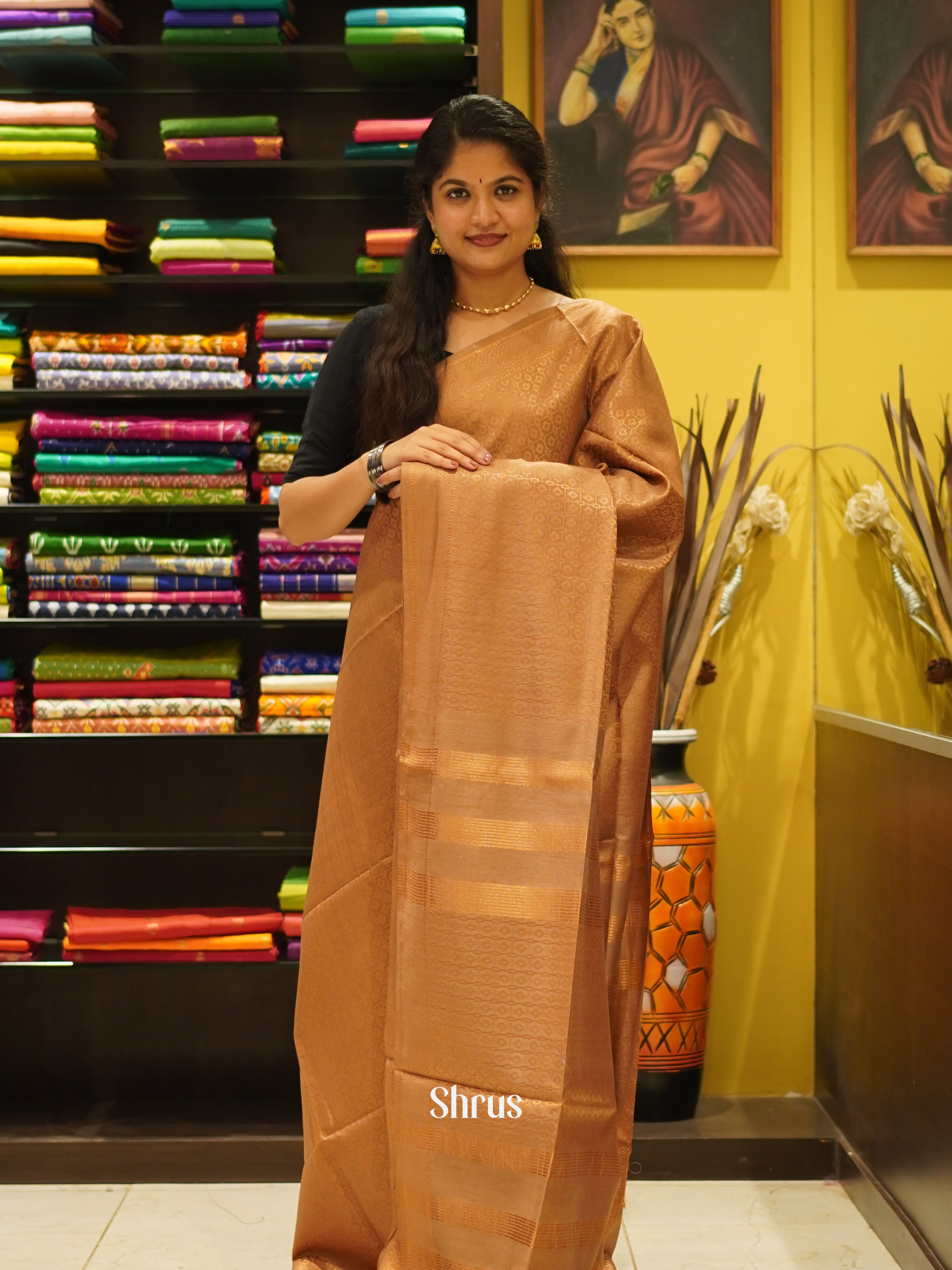 Brown(Single Tone)- Semi Tussar Saree - Shop on ShrusEternity.com