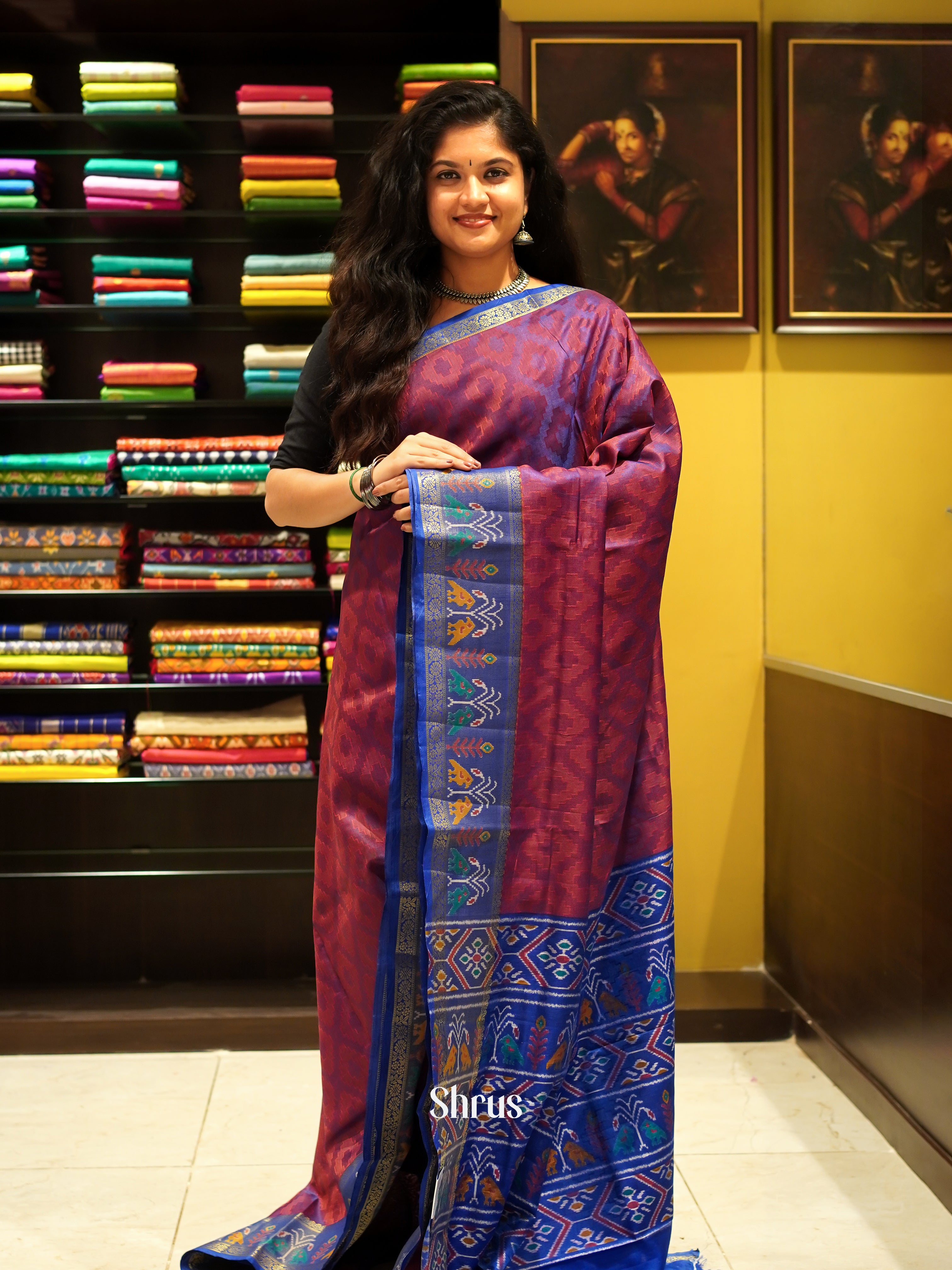Maroon & Blue - Semi Patola Saree - Shop on ShrusEternity.com