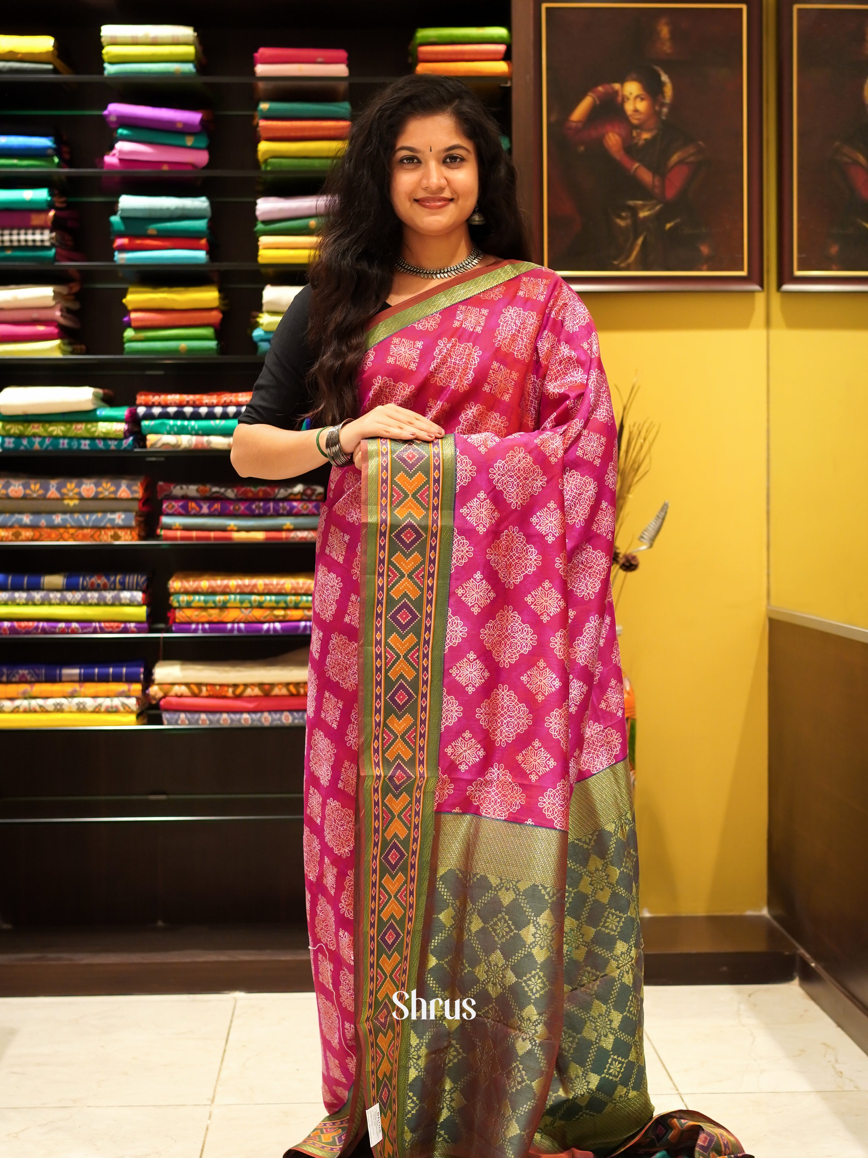 Pink & Green - Semi Patola Saree - Shop on ShrusEternity.com