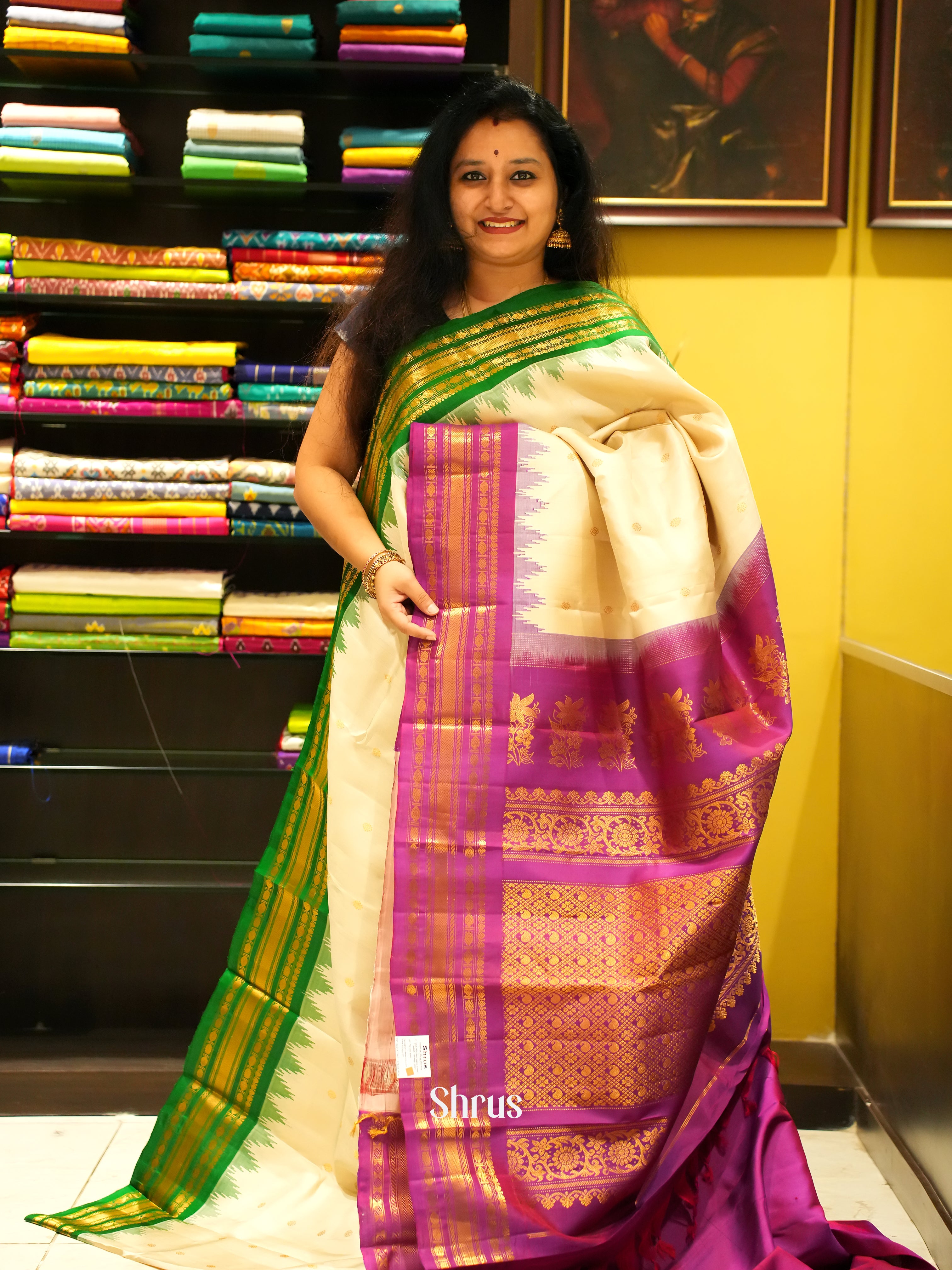 Cream & Pink - Gadwal Silk Saree - Shop on ShrusEternity.com