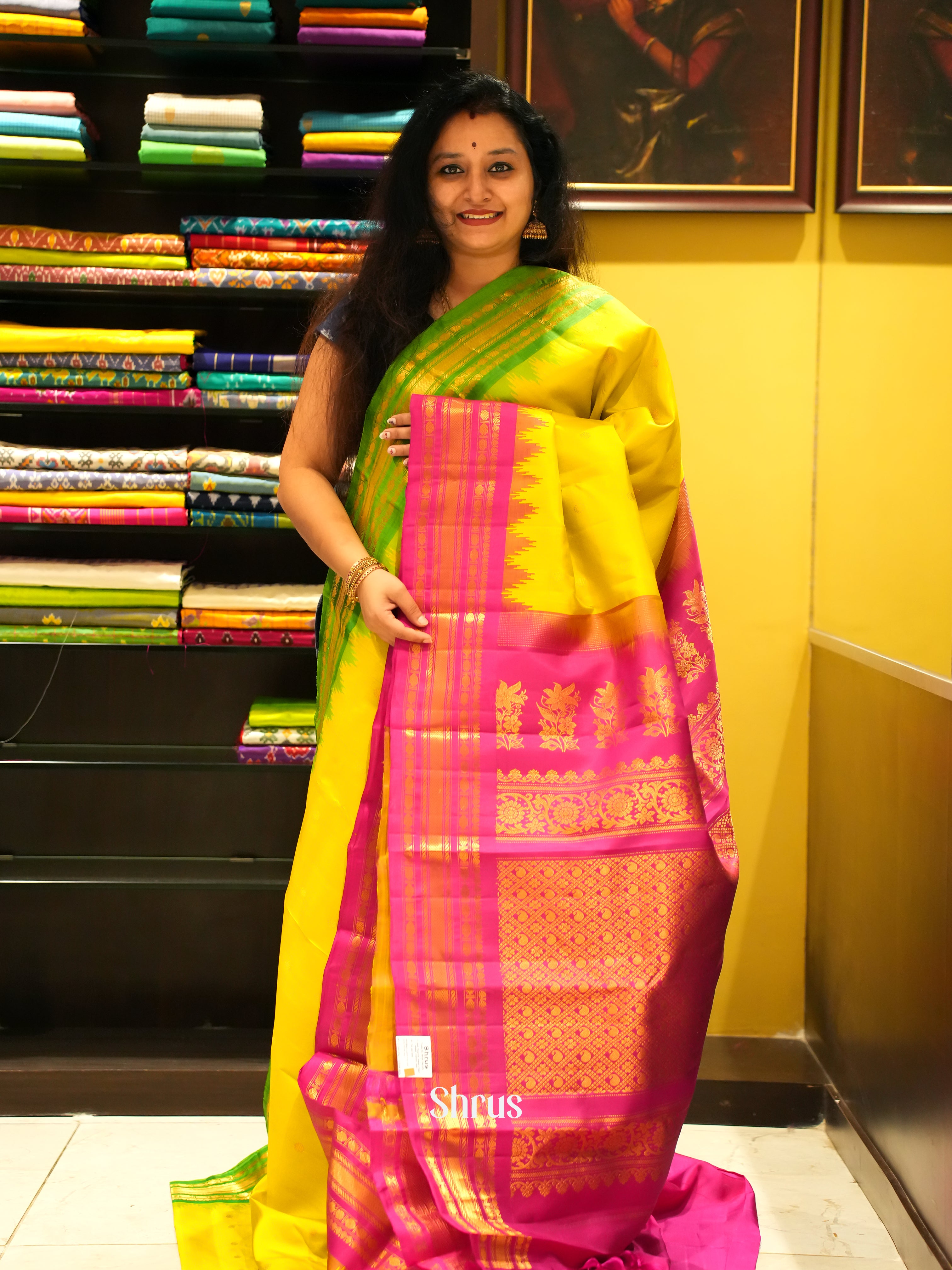 Yellow & Pink - Gadwal Silk Saree - Shop on ShrusEternity.com