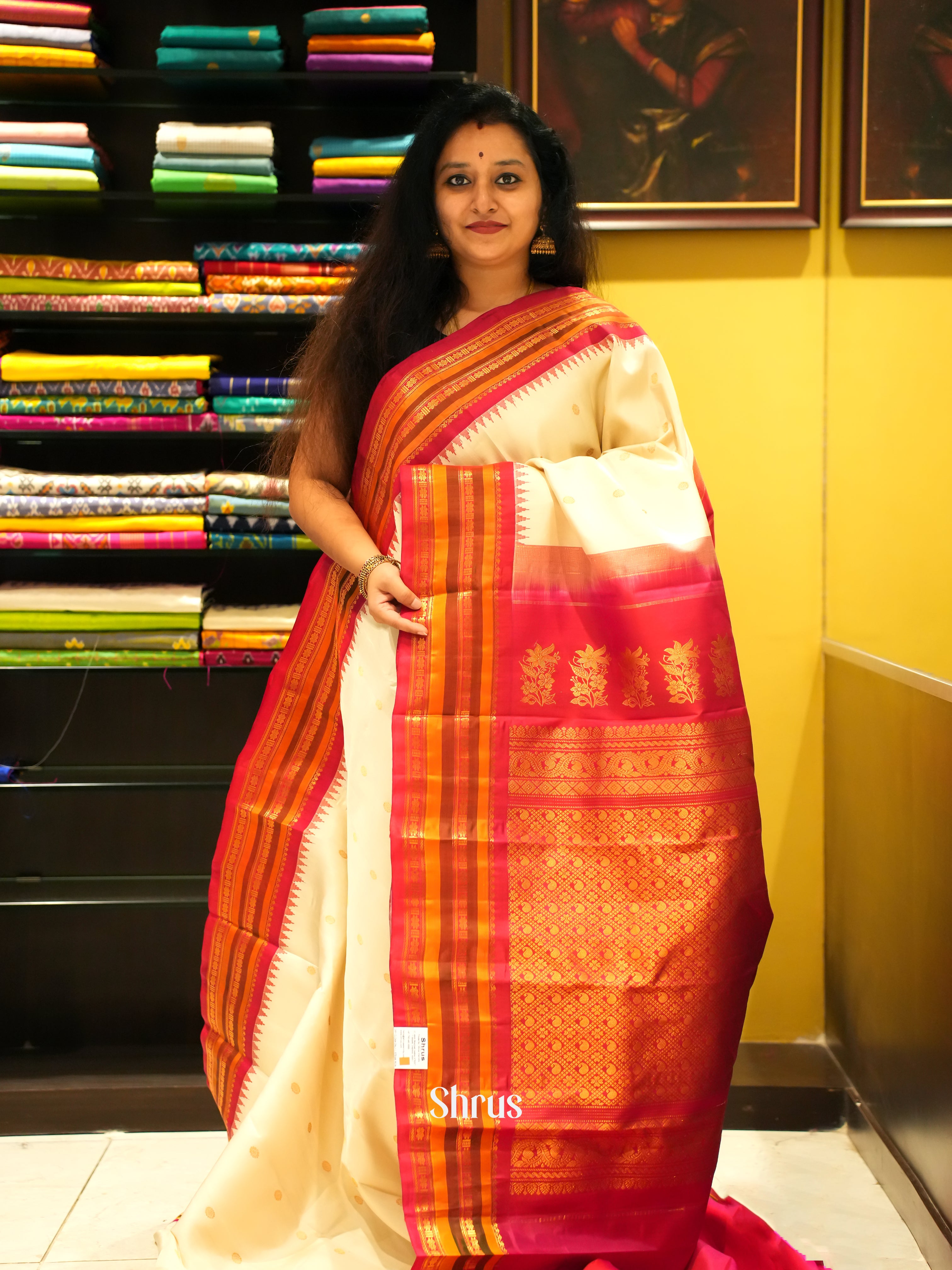 Cream & Red - Gadwal Silk Saree - Shop on ShrusEternity.com