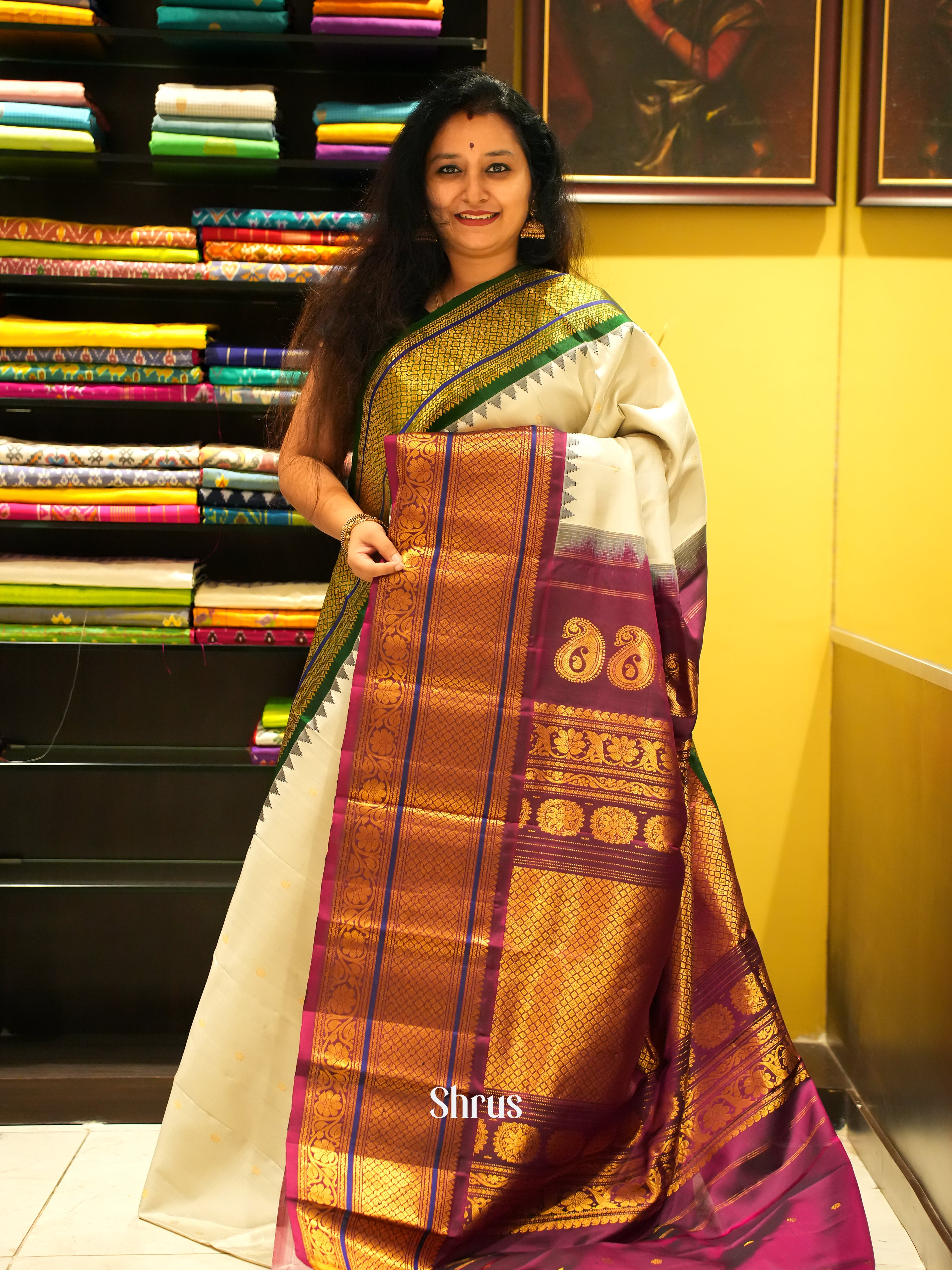 Cream & Maroon - Gadwal Silk Saree - Shop on ShrusEternity.com