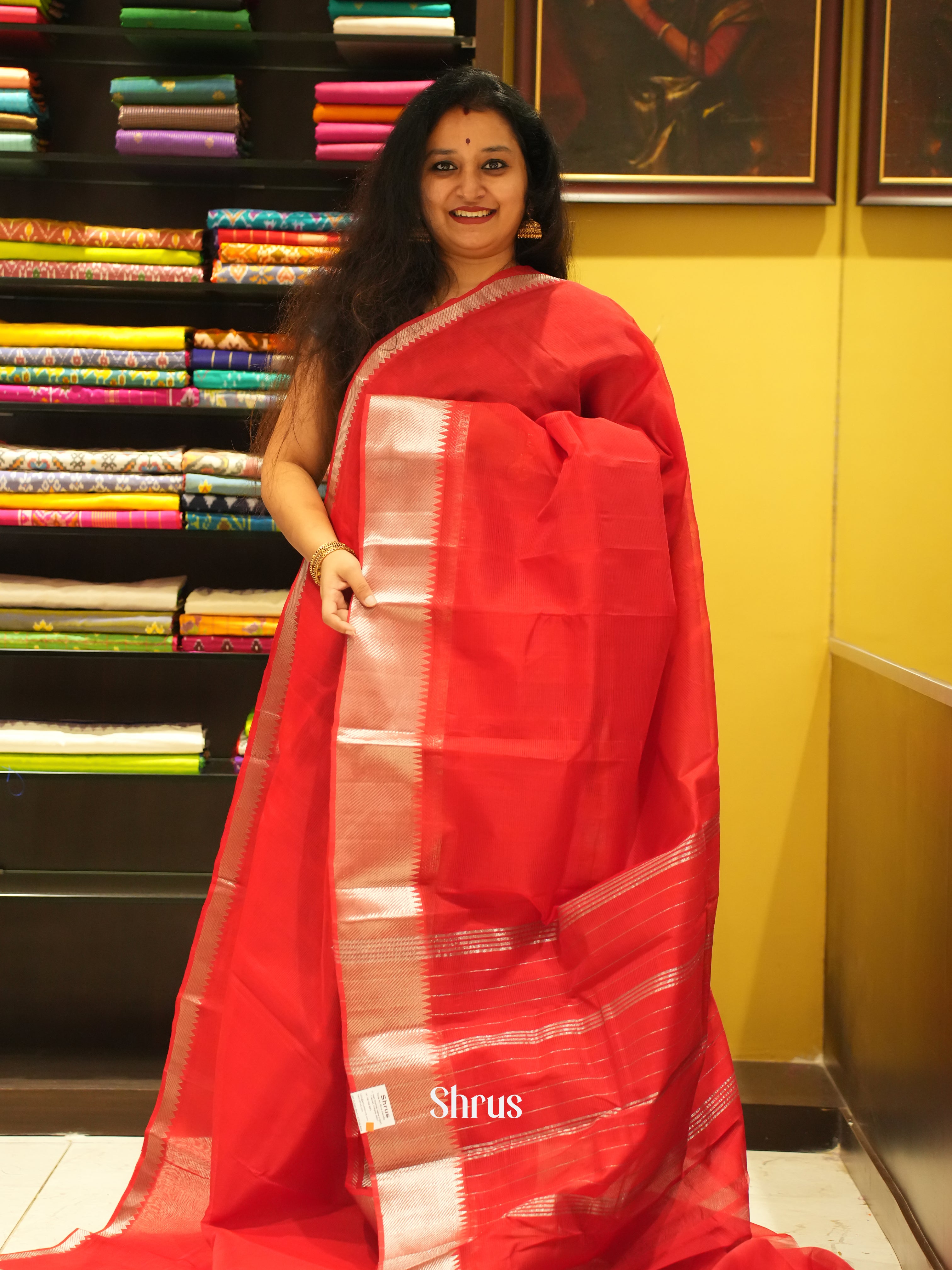 Red(Single Tone) - Mangalagiri Silk Cotton Saree - Shop on ShrusEternity.com