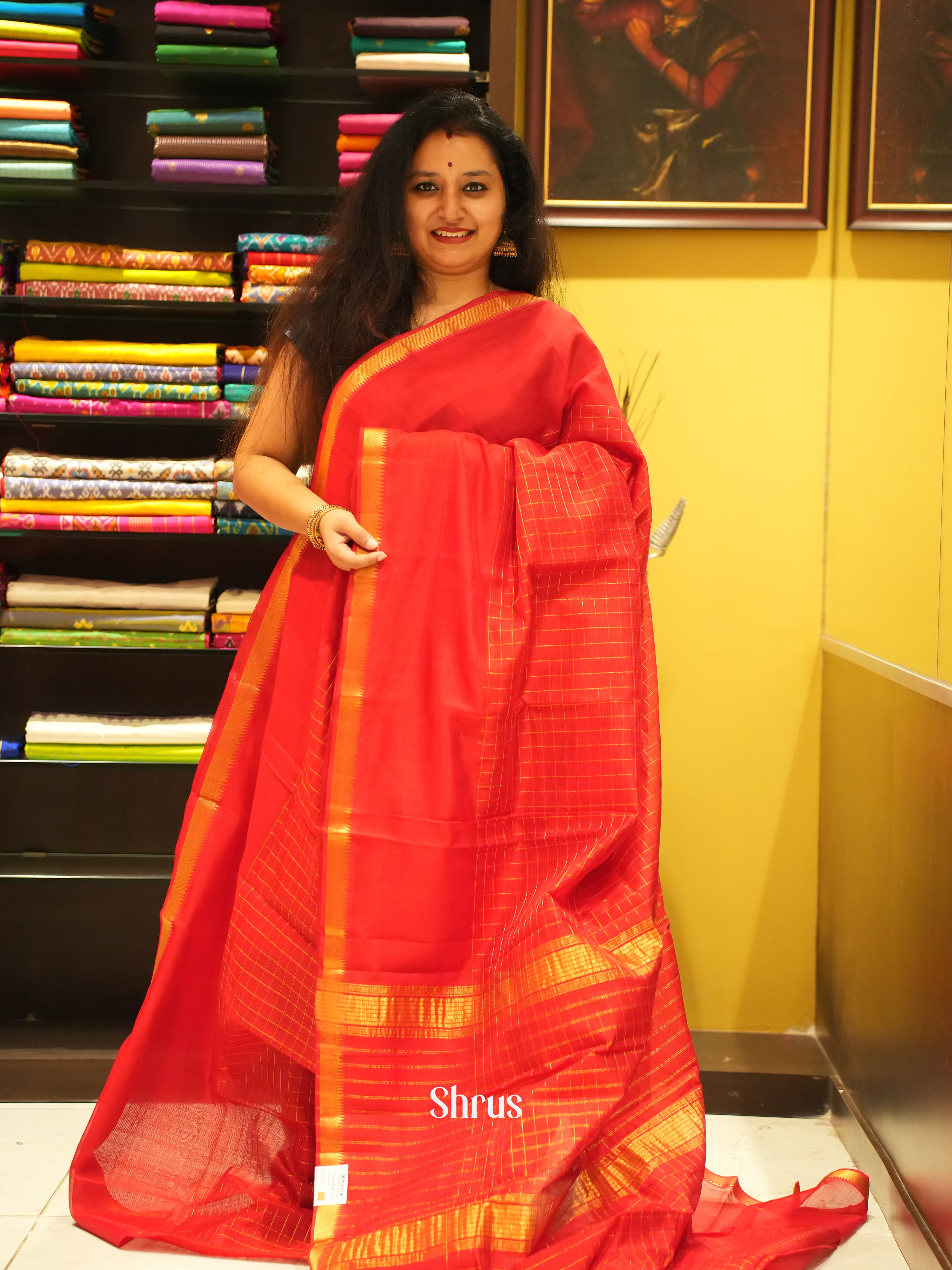 Red(Single Tone)- Mangalagiri Silk Cotton saree - Shop on ShrusEternity.com