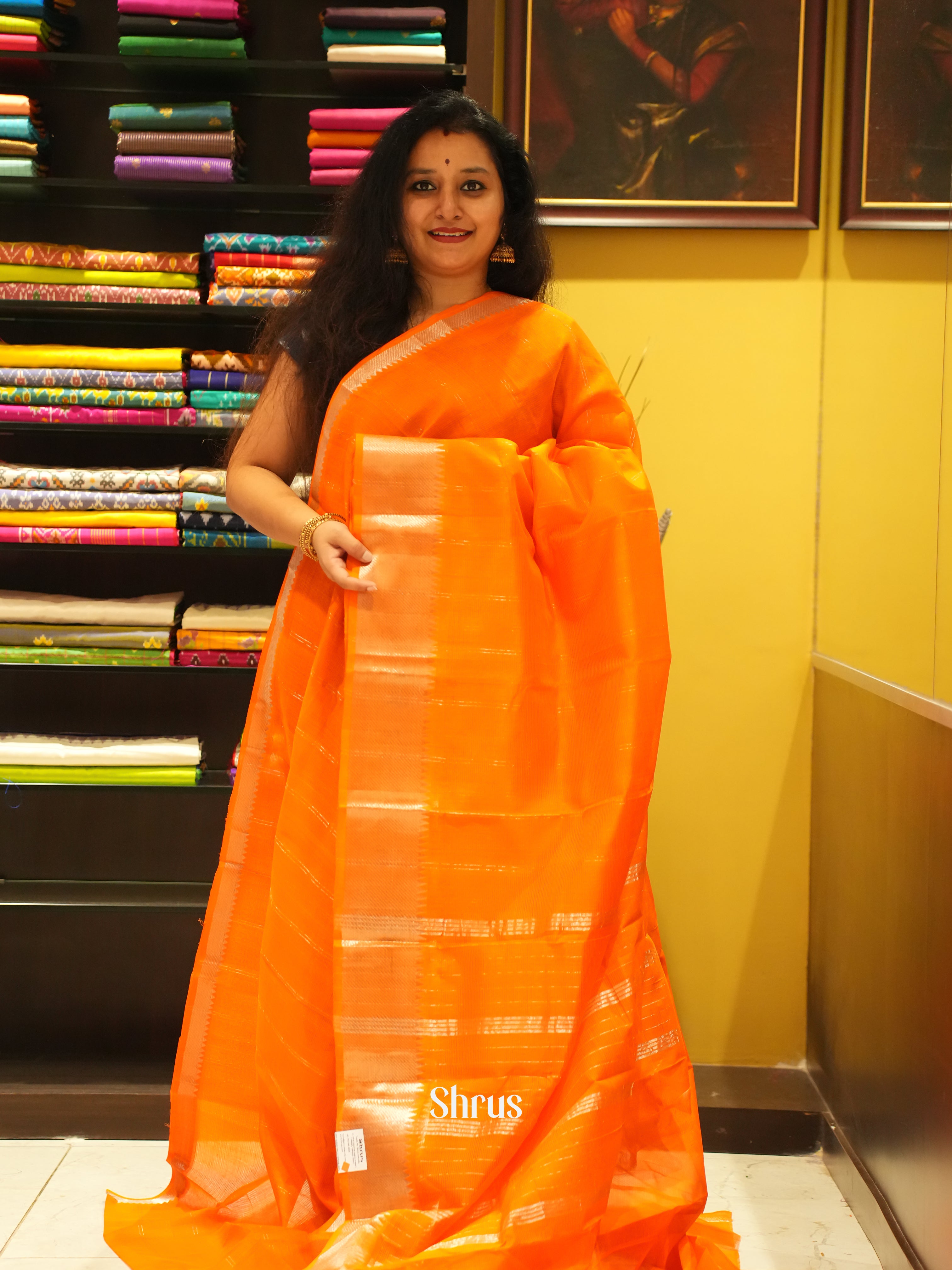 Orange(Single Tone)- Mangalagiri Silk Cotton Saree - Shop on ShrusEternity.com