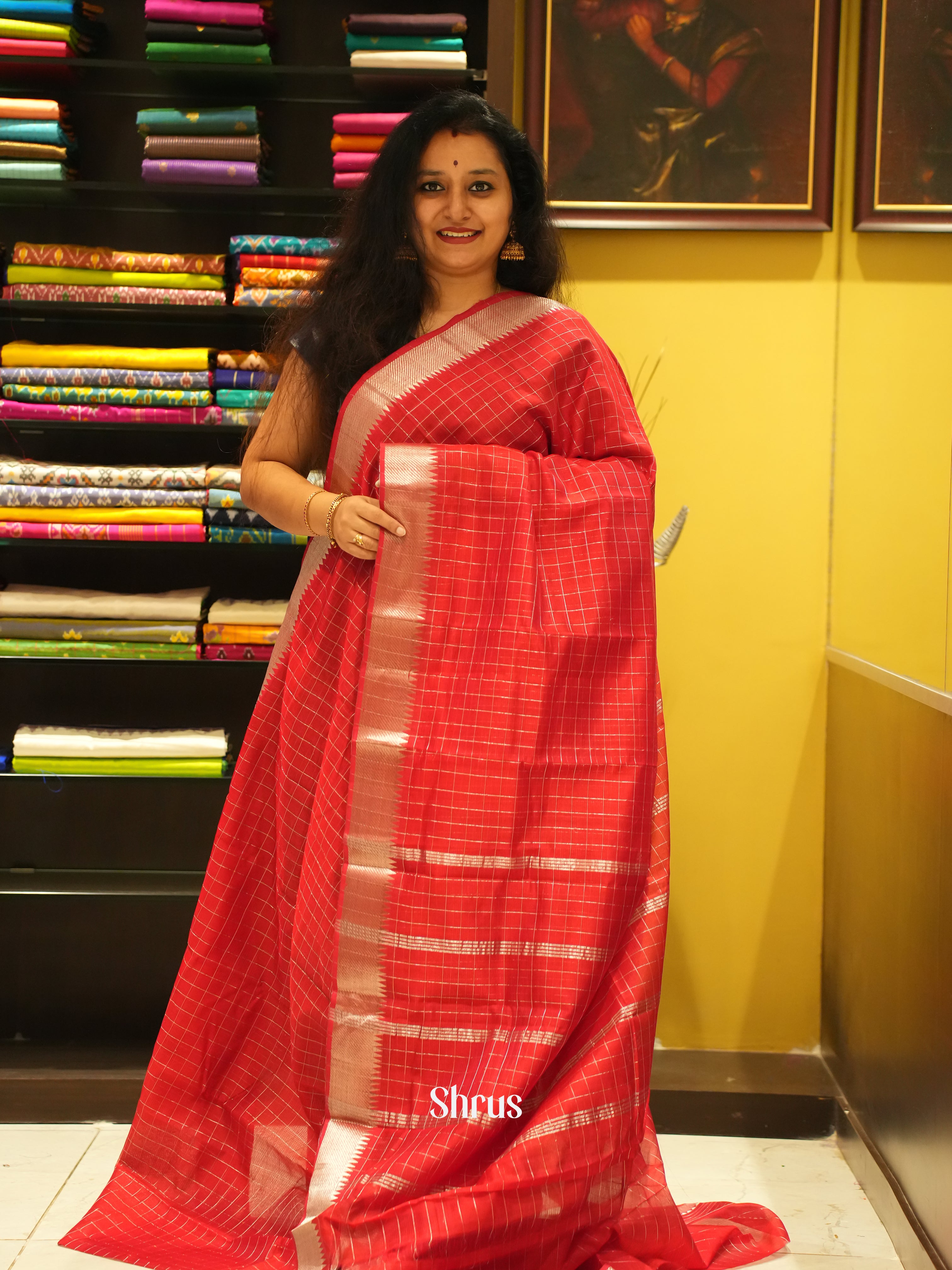 Red (Single tone) - Mangalagiri Silk Cotton Saree - Shop on ShrusEternity.com
