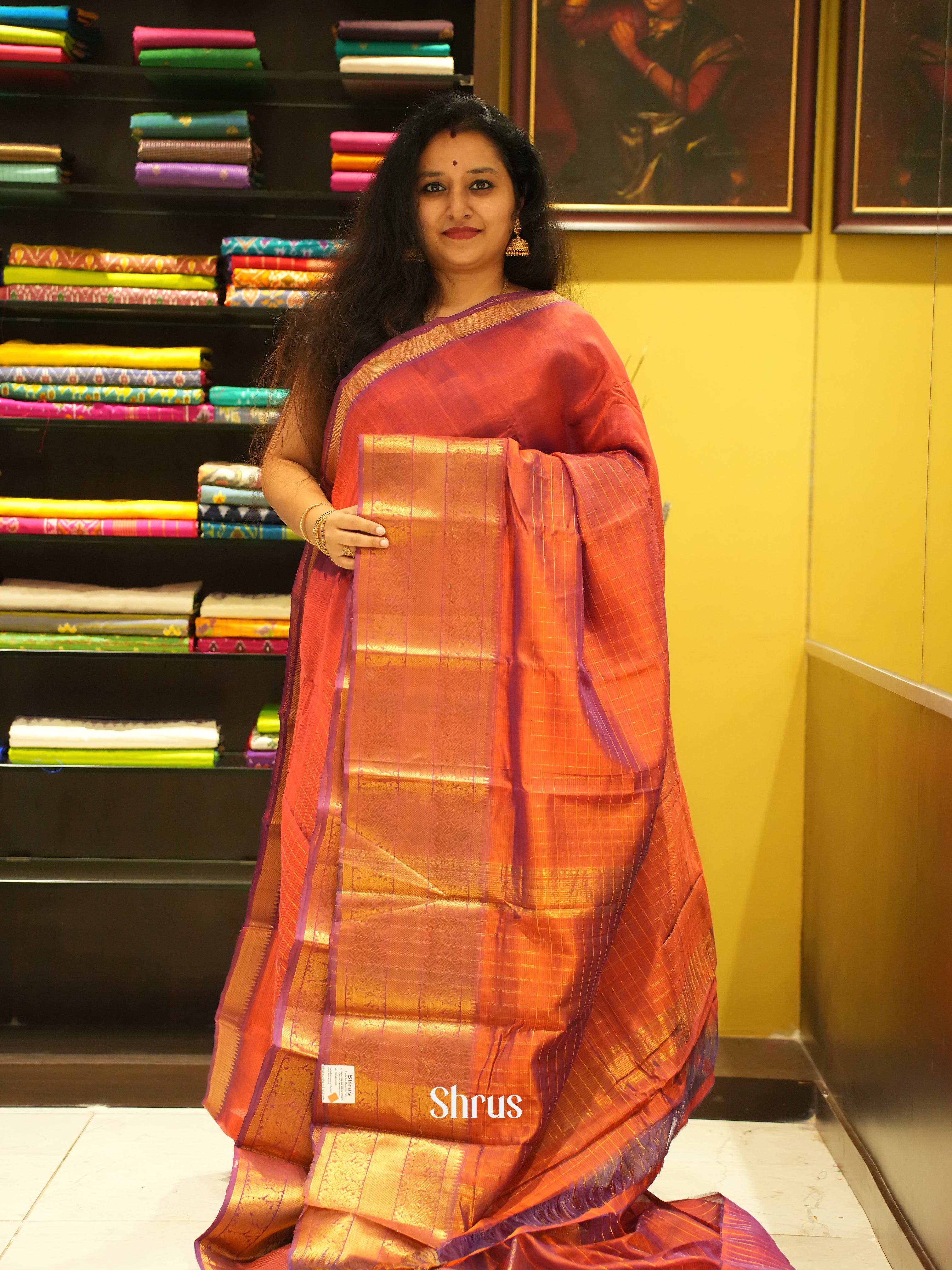 Brick orange(Single Tone)- Mangalagiri Silk Cotton Saree - Shop on ShrusEternity.com